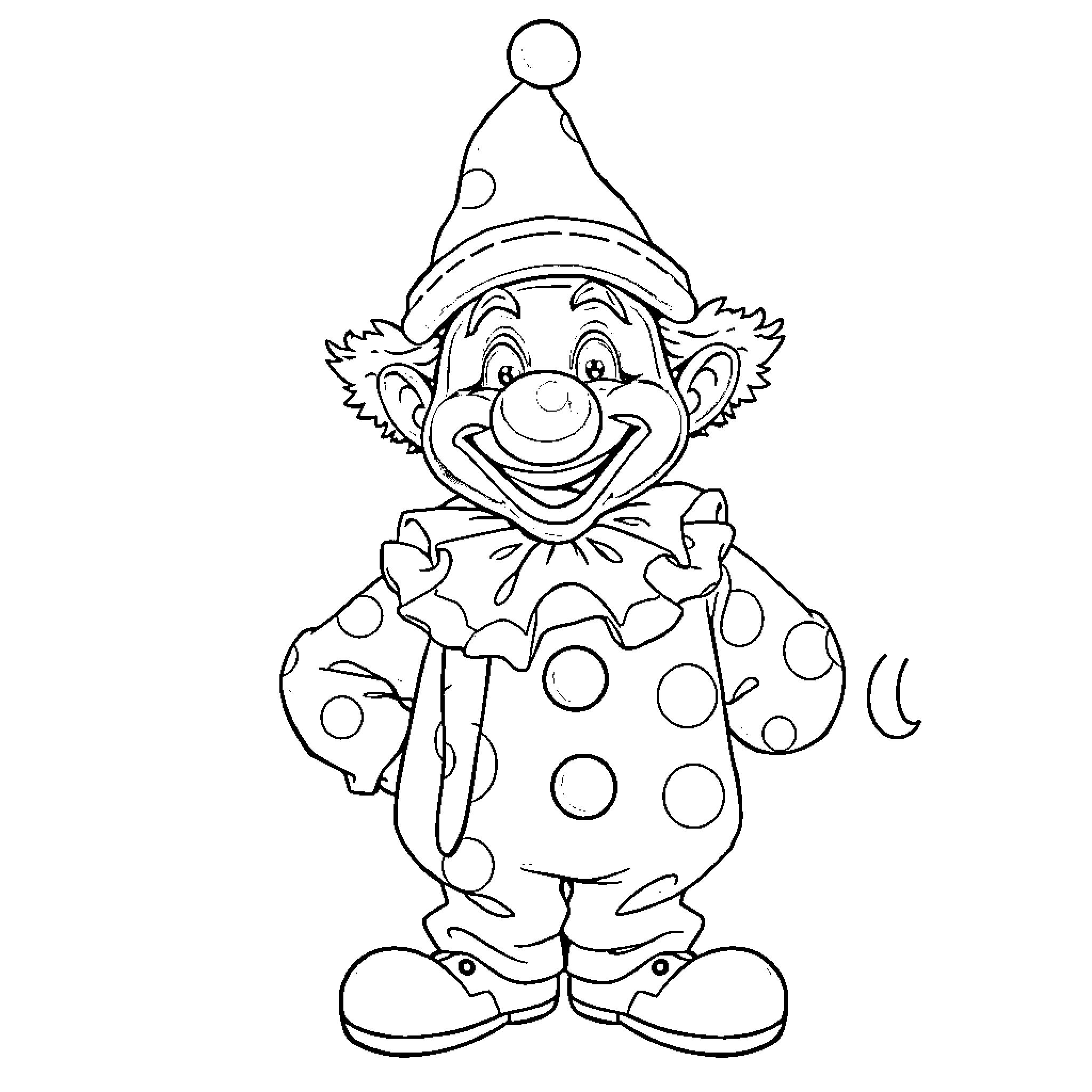 Bluey the Cheerful Clown in Polka Dot Outfit Coloring Page (free black-and-white line drawing printable PDF for all, from beginners to advanced learners, including children, teens, adults, and seniors)