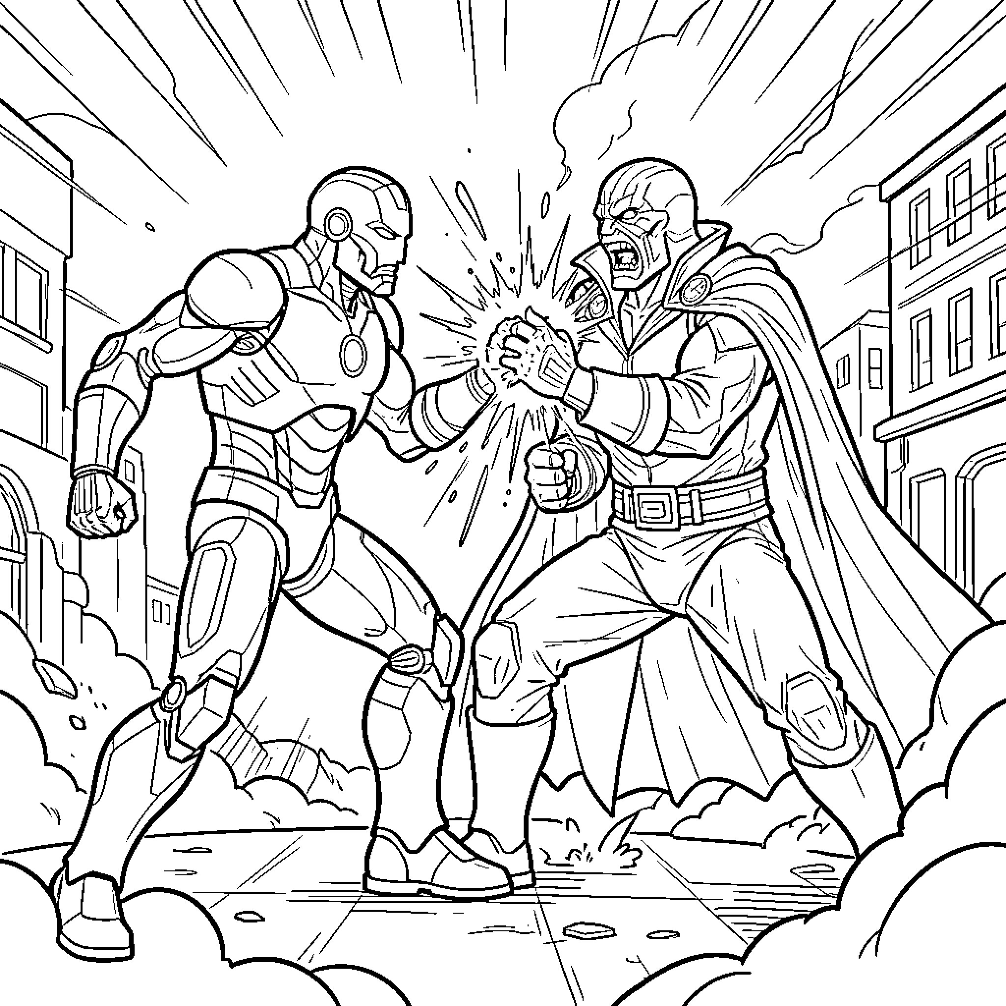 Ironman battling a powerful villain in a street fight Coloring Page (free black-and-white line drawing printable PDF for all, from beginners to advanced learners, including children, teens, adults, and seniors)