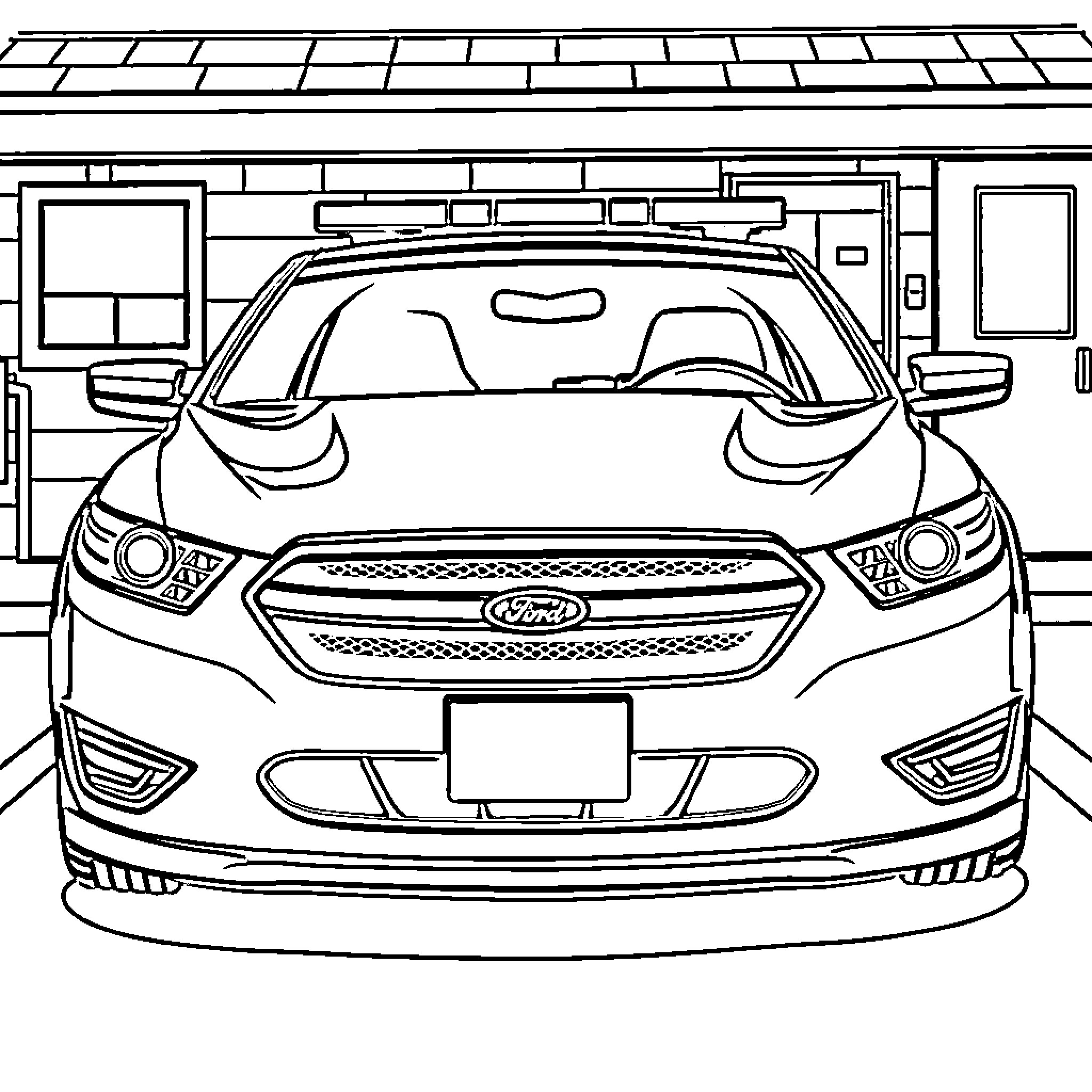 Ford Taurus parked in garage Coloring Page (free black-and-white line drawing printable PDF for all, from beginners to advanced learners, including children, teens, adults, and seniors)