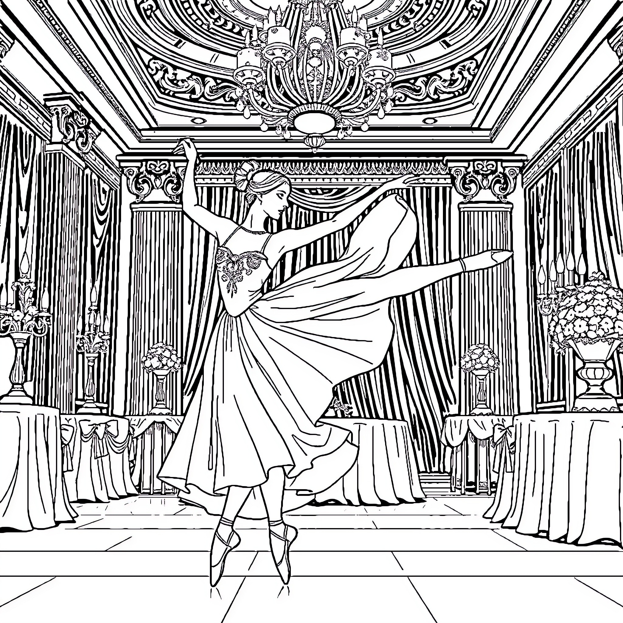 Ballerina Performing on a Grand Stage Coloring Page (free black-and-white line drawing printable PDF for all, from beginners to advanced learners, including children, teens, adults, and seniors)