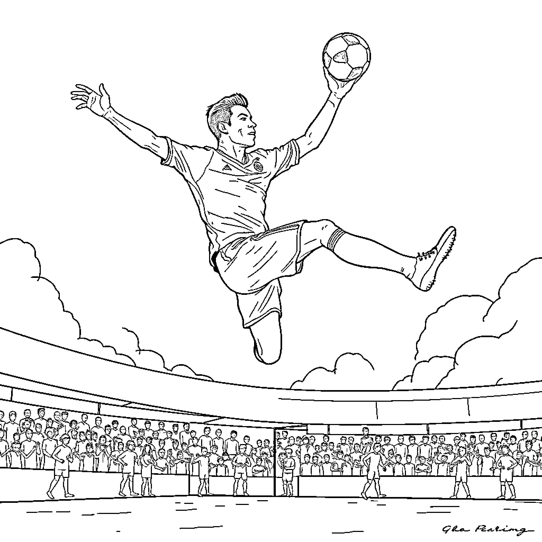 Cristiano Ronaldo scoring a goal in a soccer stadium Coloring Page (free black-and-white line drawing printable PDF for all, from beginners to advanced learners, including children, teens, adults, and seniors)