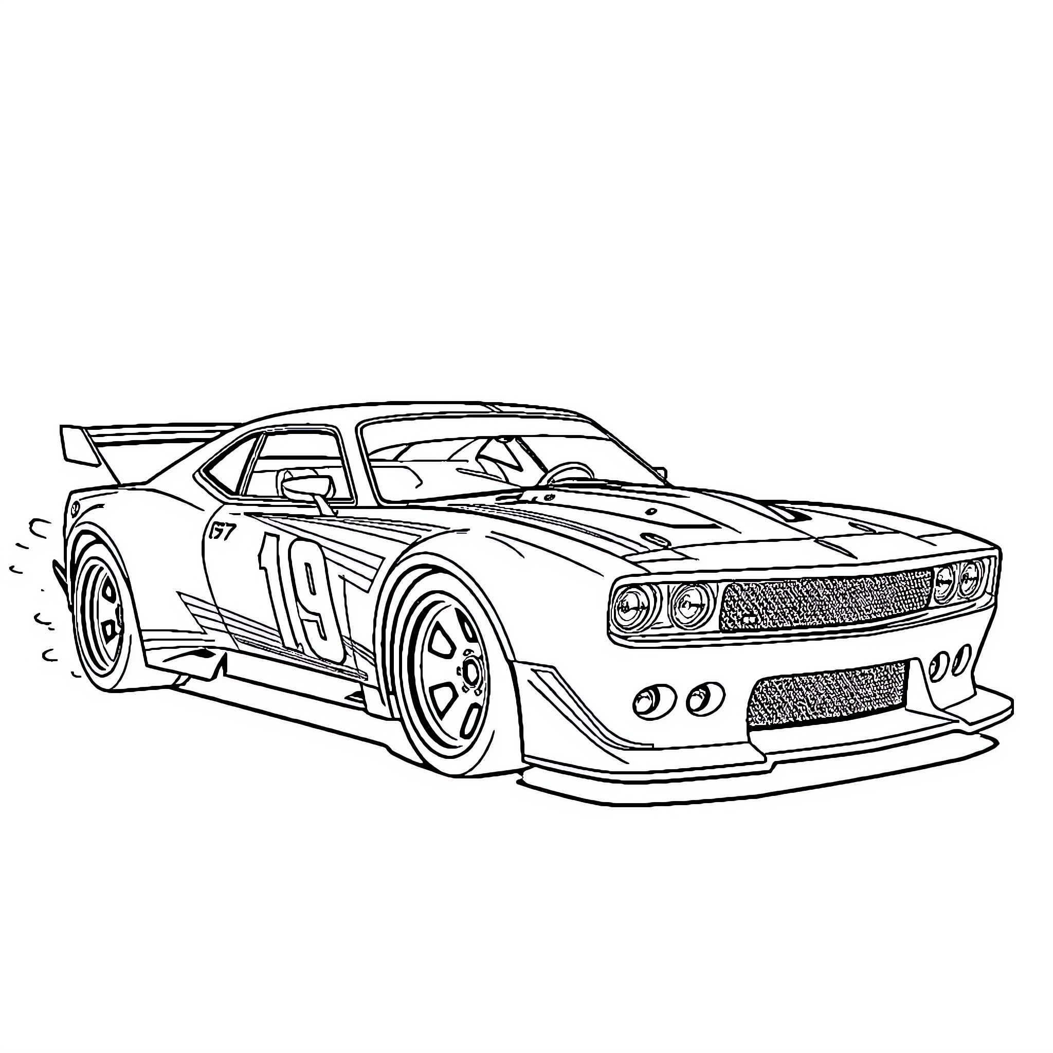 Hot Wheels Racing Car Speeding in Action Coloring Page (free black-and-white line drawing printable PDF for all, from beginners to advanced learners, including children, teens, adults, and seniors)