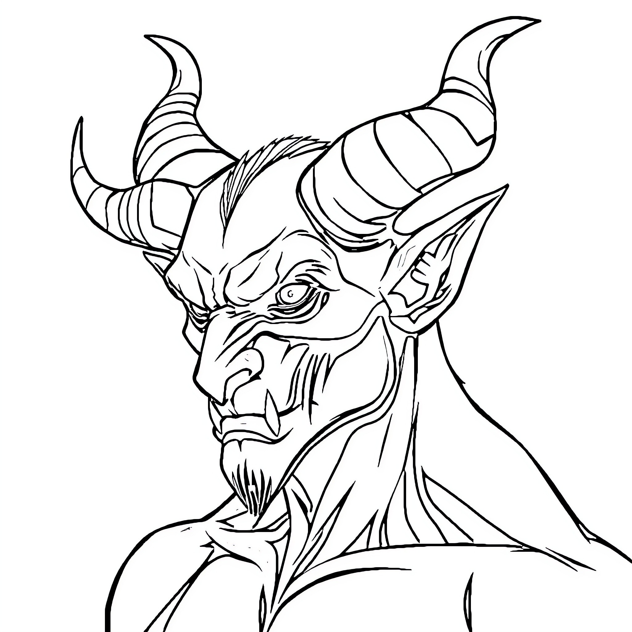 Devil's Fierce Demeanor and Horned Visage Coloring Page (free black-and-white line drawing printable PDF for all, from beginners to advanced learners, including children, teens, adults, and seniors)