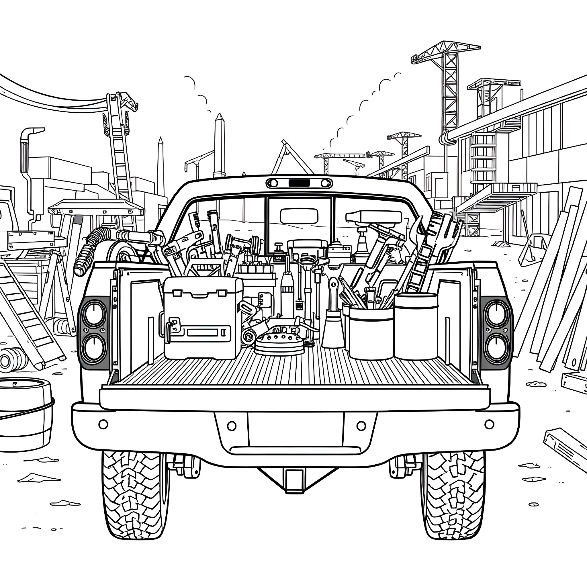 Pickup truck filled with construction equipment Coloring Page (free black-and-white line drawing printable PDF for all, from beginners to advanced learners, including children, teens, adults, and seniors)