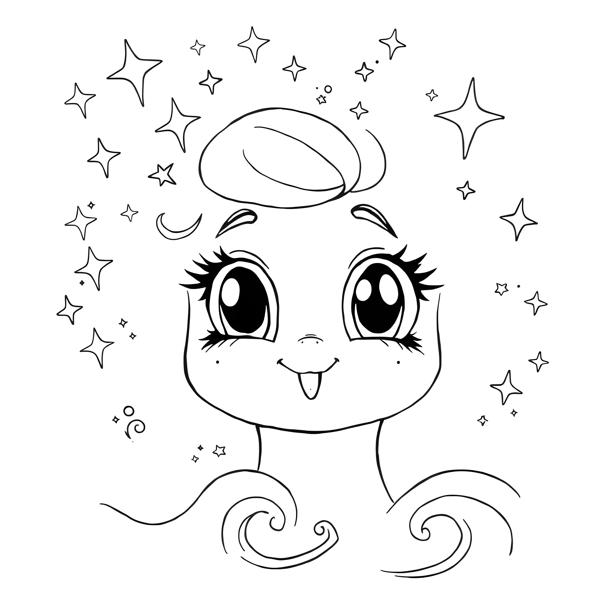 Blink of a Whimsical Creature Coloring Page (free black-and-white line drawing printable PDF for all, from beginners to advanced learners, including children, teens, adults, and seniors)