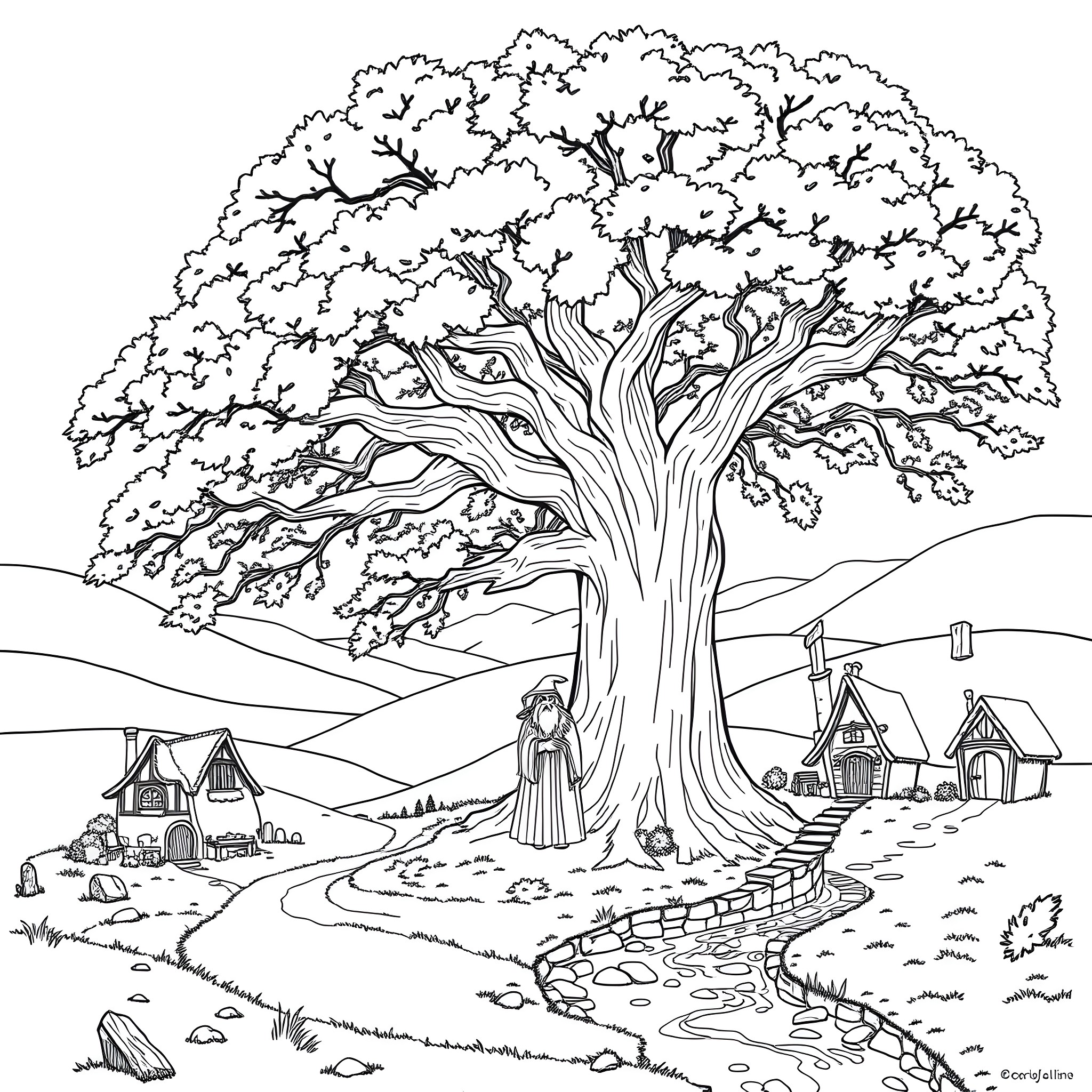 Gandalf's Contemplation Under the Ancient Oak Tree Coloring Page (free black-and-white line drawing printable PDF for all, from beginners to advanced learners, including children, teens, adults, and seniors)