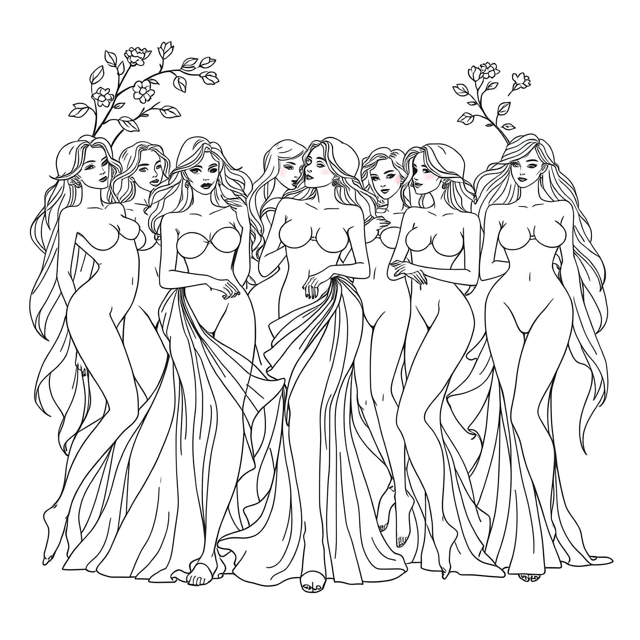 Girls in flowing dresses walking together Coloring Page (free black-and-white line drawing printable PDF for all, from beginners to advanced learners, including children, teens, adults, and seniors)