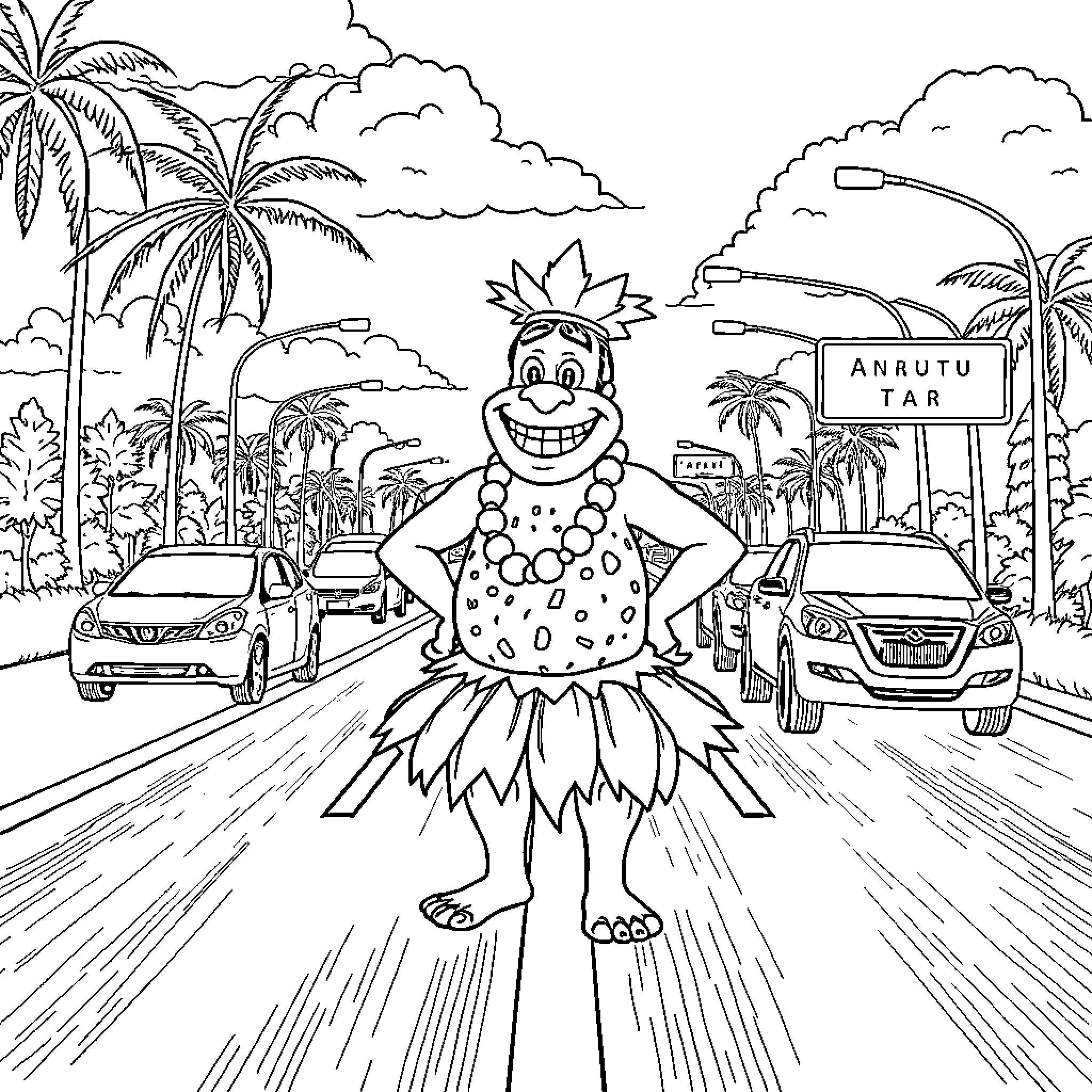 Maui standing confidently on a road in a tropical setting Coloring Page (free black-and-white line drawing printable PDF for all, from beginners to advanced learners, including children, teens, adults, and seniors)