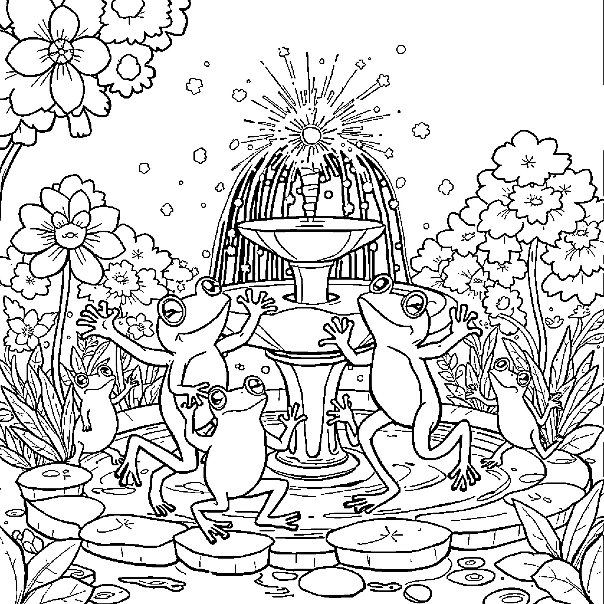 Frog Celebratory Dance Around Fountain Coloring Page (free black-and-white line drawing printable PDF for all, from beginners to advanced learners, including children, teens, adults, and seniors)
