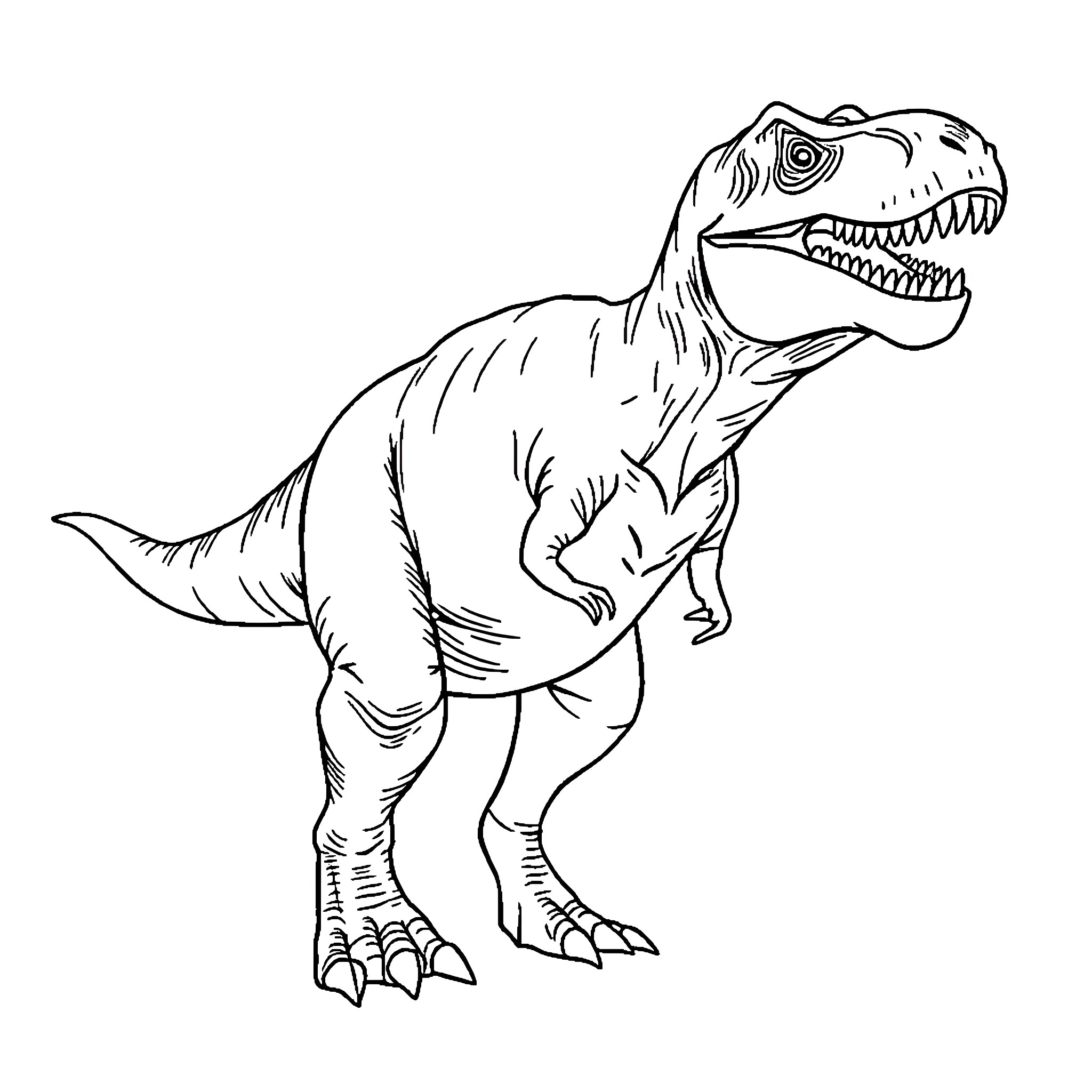 T-Rex Roaring Ferociously Coloring Page (free black-and-white line drawing printable PDF for all, from beginners to advanced learners, including children, teens, adults, and seniors)