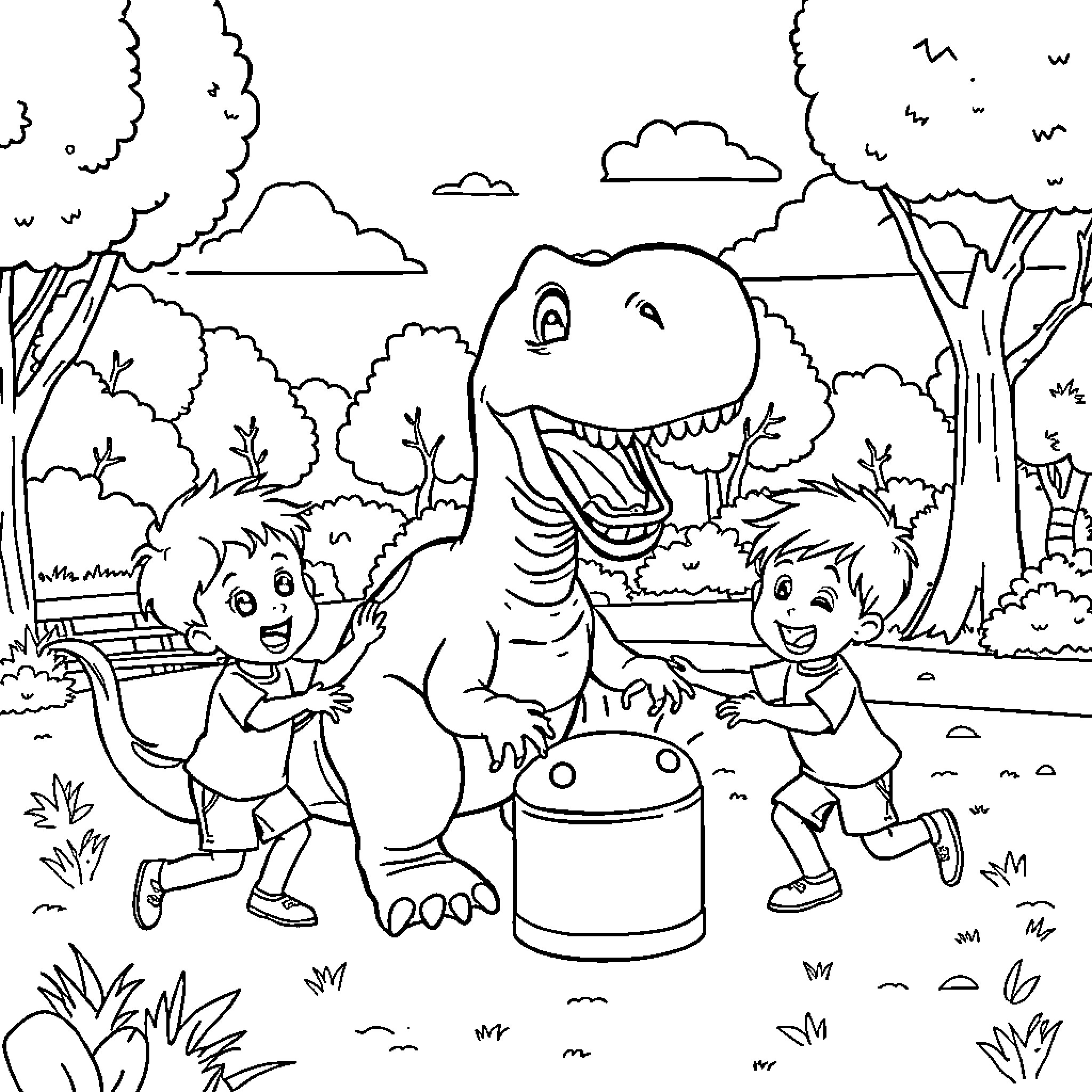 Dinosaur interacting with children in forest setting Coloring Page (free black-and-white line drawing printable PDF for all, from beginners to advanced learners, including children, teens, adults, and seniors)