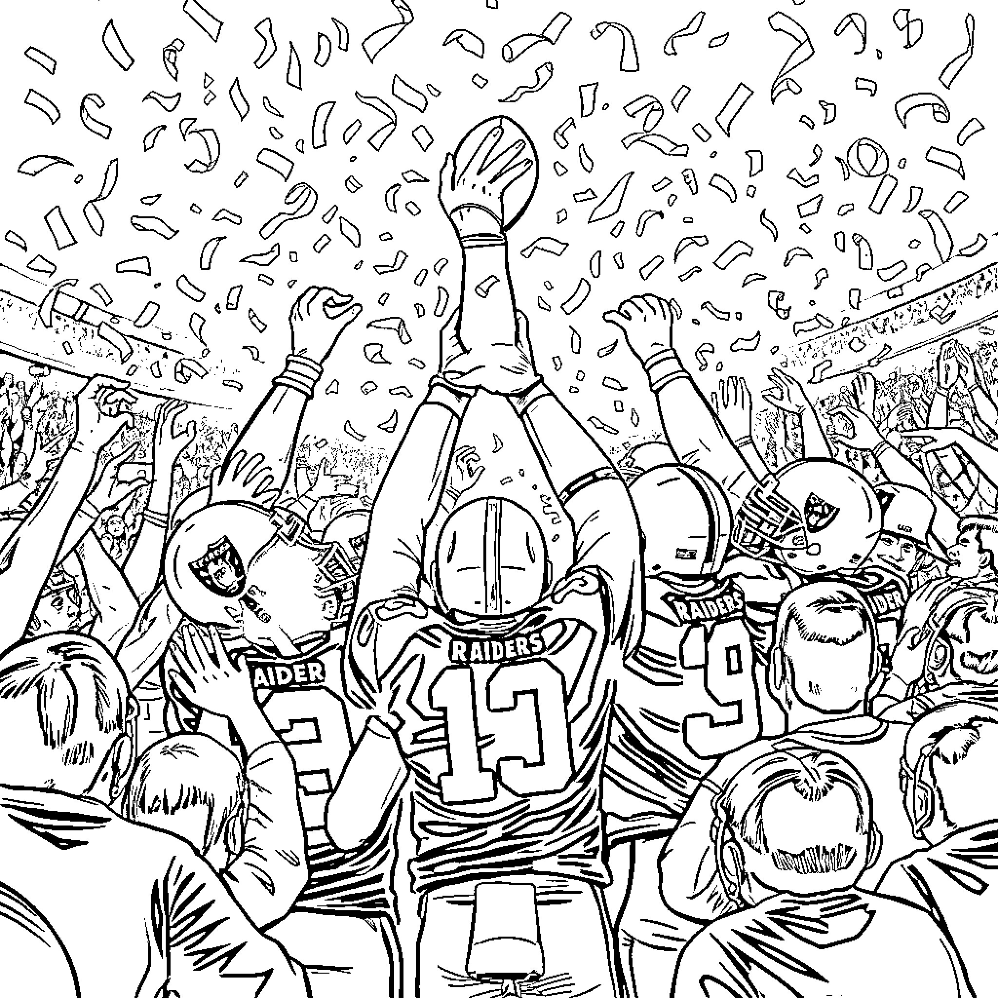 Raider Celebrating Victory with Cheering Teammates Coloring Page (free black-and-white line drawing printable PDF for all, from beginners to advanced learners, including children, teens, adults, and seniors)