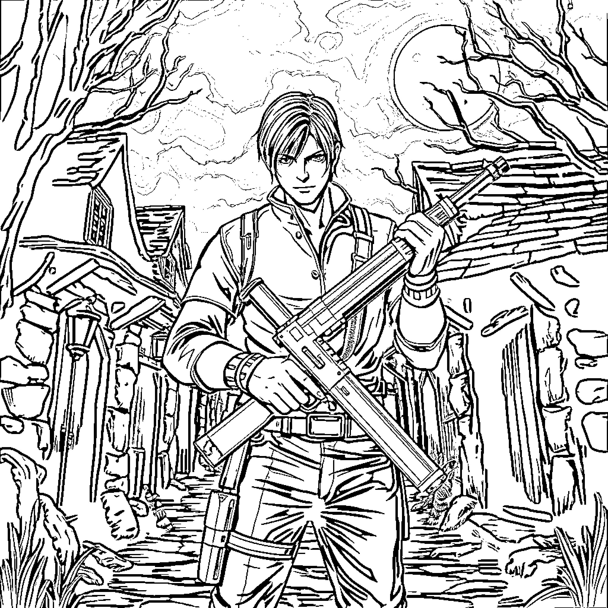 Leon's Heroic Stance in the Ruined Landscape Coloring Page (free black-and-white line drawing printable PDF for all, from beginners to advanced learners, including children, teens, adults, and seniors)