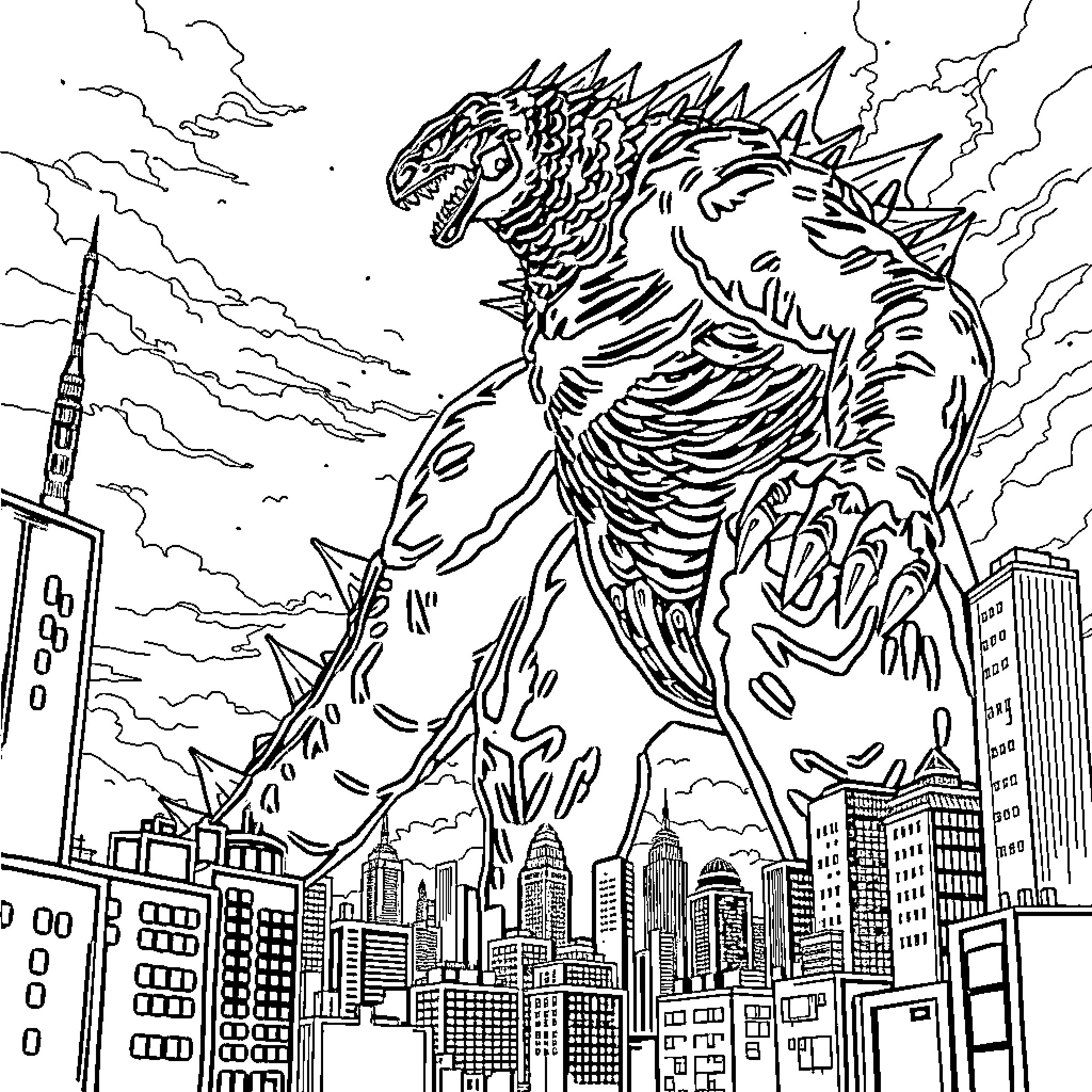 Kaiju Ravages Cityscape with Towering Presence Coloring Page (free black-and-white line drawing printable PDF for all, from beginners to advanced learners, including children, teens, adults, and seniors)