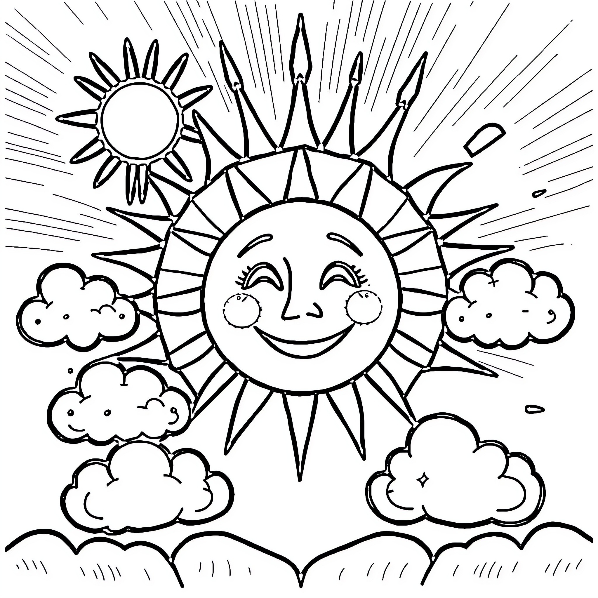 Weather Smiling Sun in Cloudy Sky Coloring Page (free black-and-white line drawing printable PDF for all, from beginners to advanced learners, including children, teens, adults, and seniors)