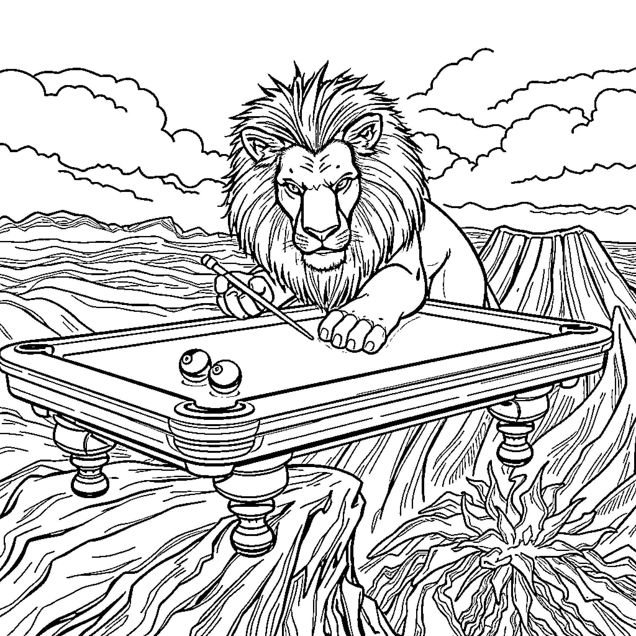 Lion prowling near a pool table in the wild Coloring Page (free black-and-white line drawing printable PDF for all, from beginners to advanced learners, including children, teens, adults, and seniors)