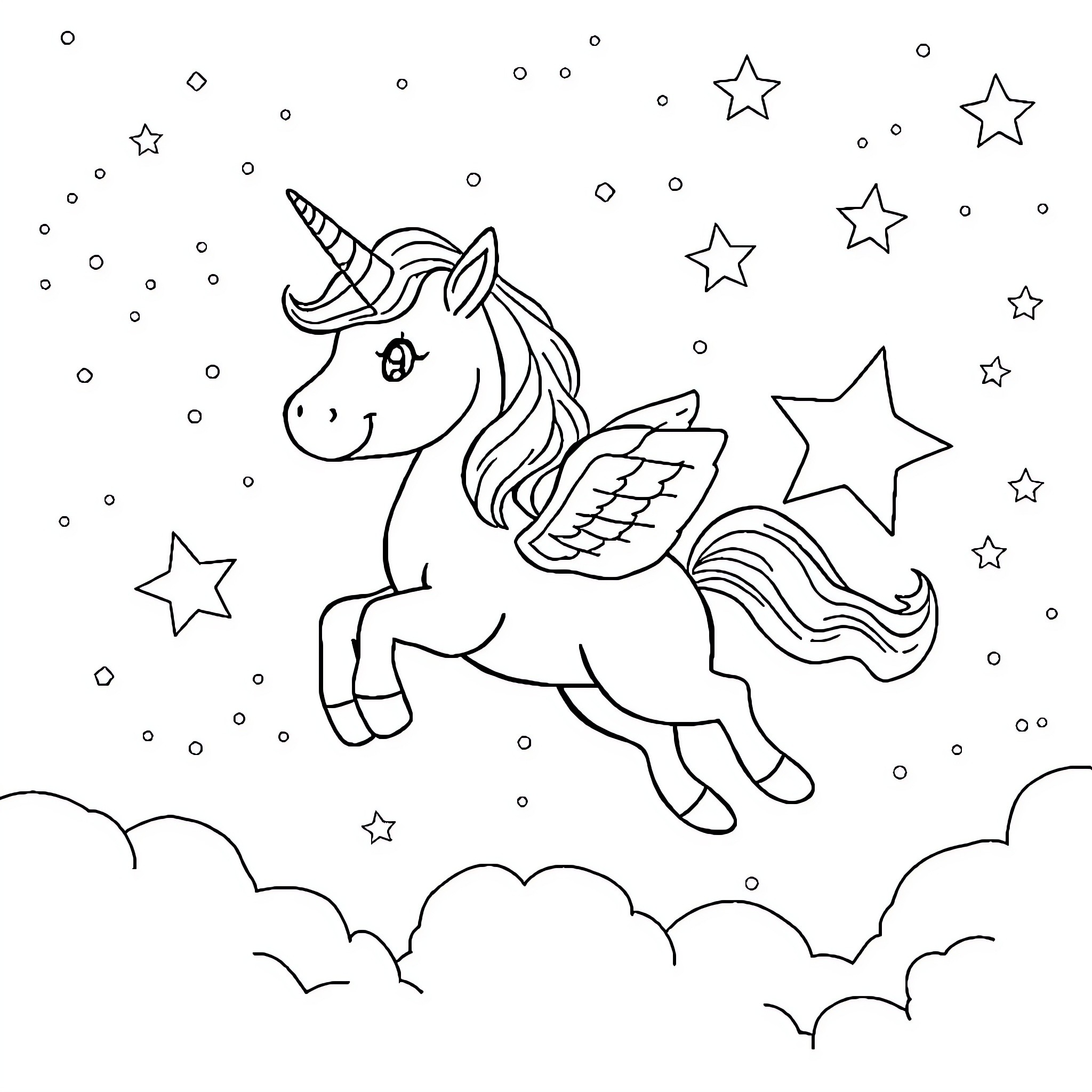 Unicorn soaring among the stars in the night sky Coloring Page (free black-and-white line drawing printable PDF for all, from beginners to advanced learners, including children, teens, adults, and seniors)