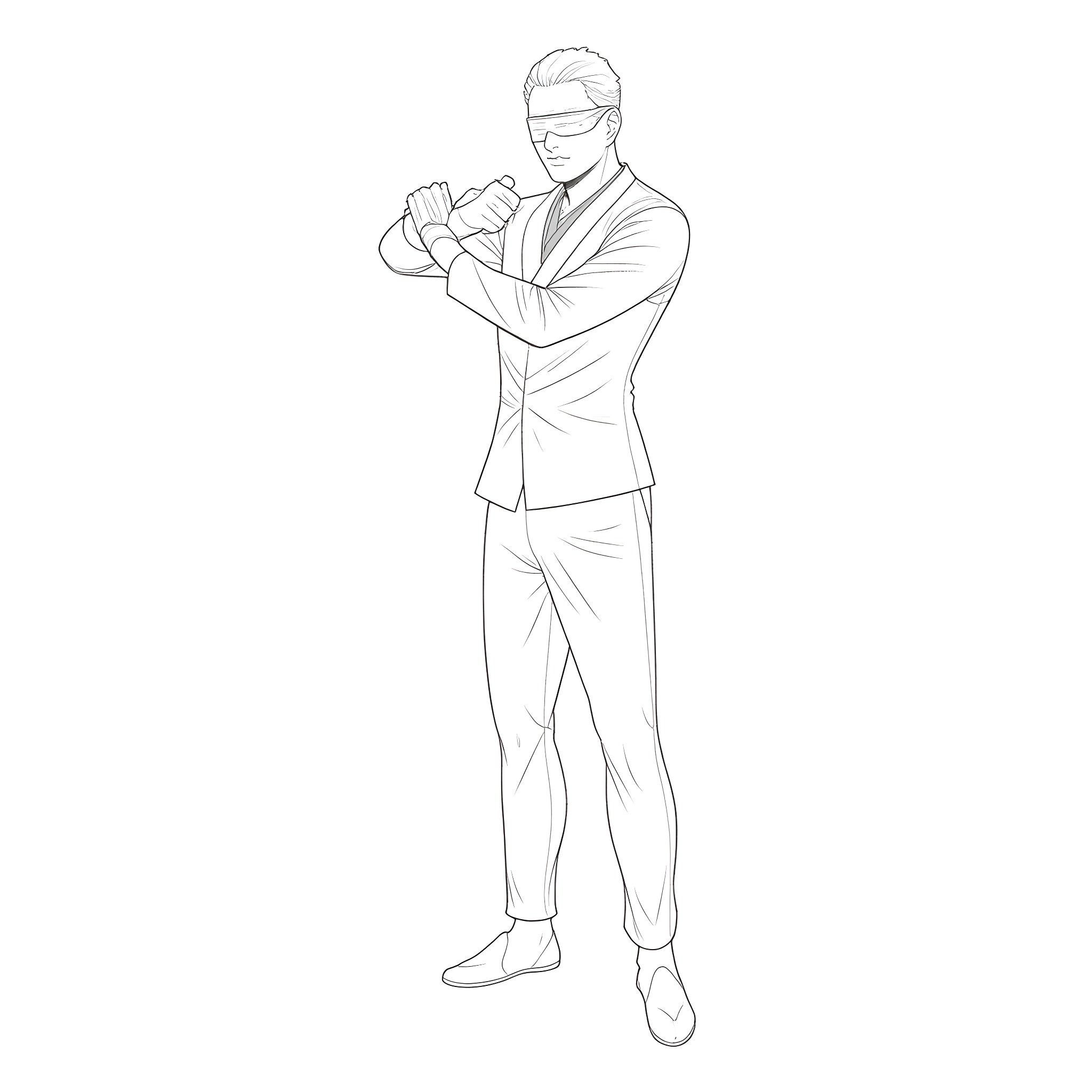Gojo in professional attire with confident pose Coloring Page (free black-and-white line drawing printable PDF for all, from beginners to advanced learners, including children, teens, adults, and seniors)