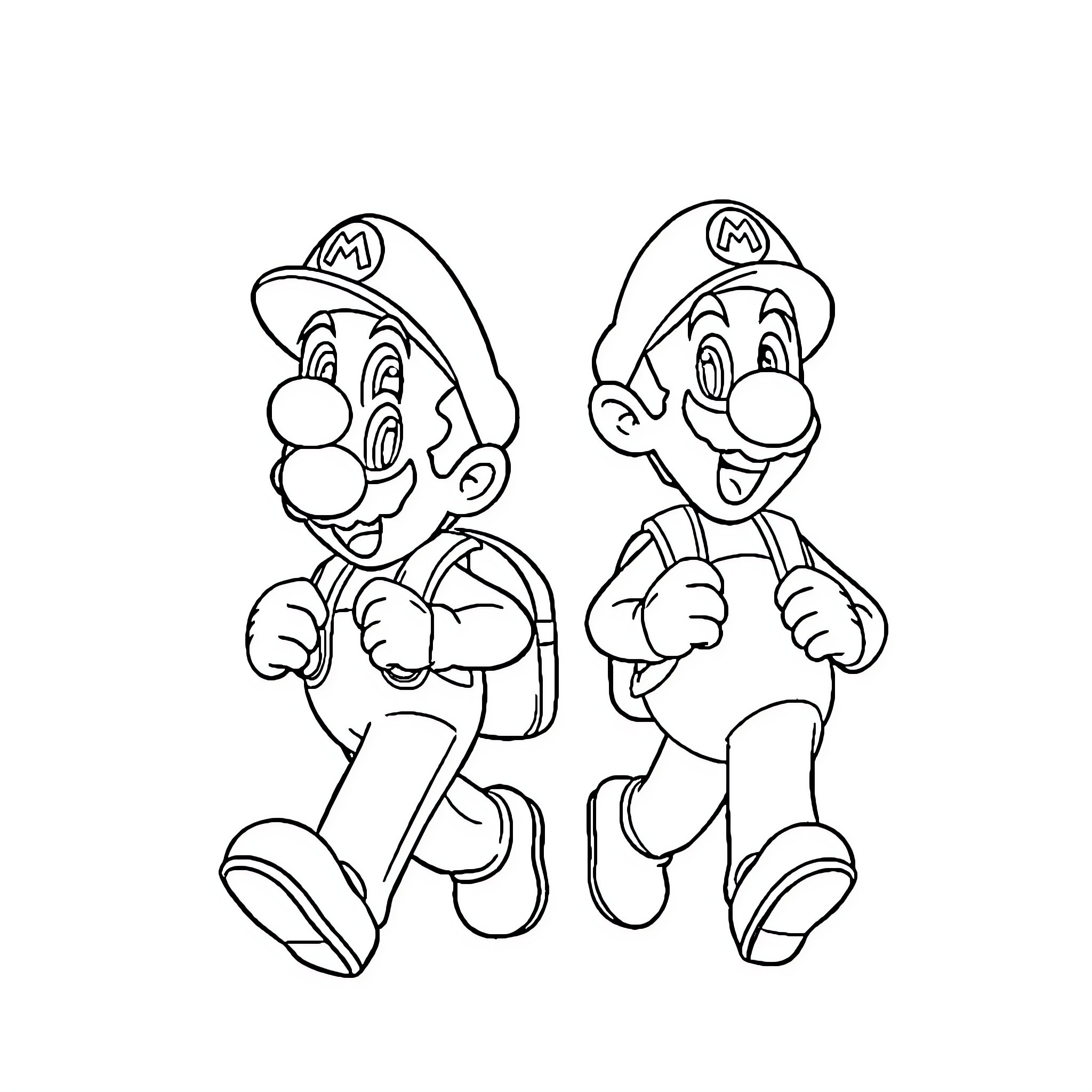 Super Mario Brothers in Action Poses Coloring Page (free black-and-white line drawing printable PDF for all, from beginners to advanced learners, including children, teens, adults, and seniors)