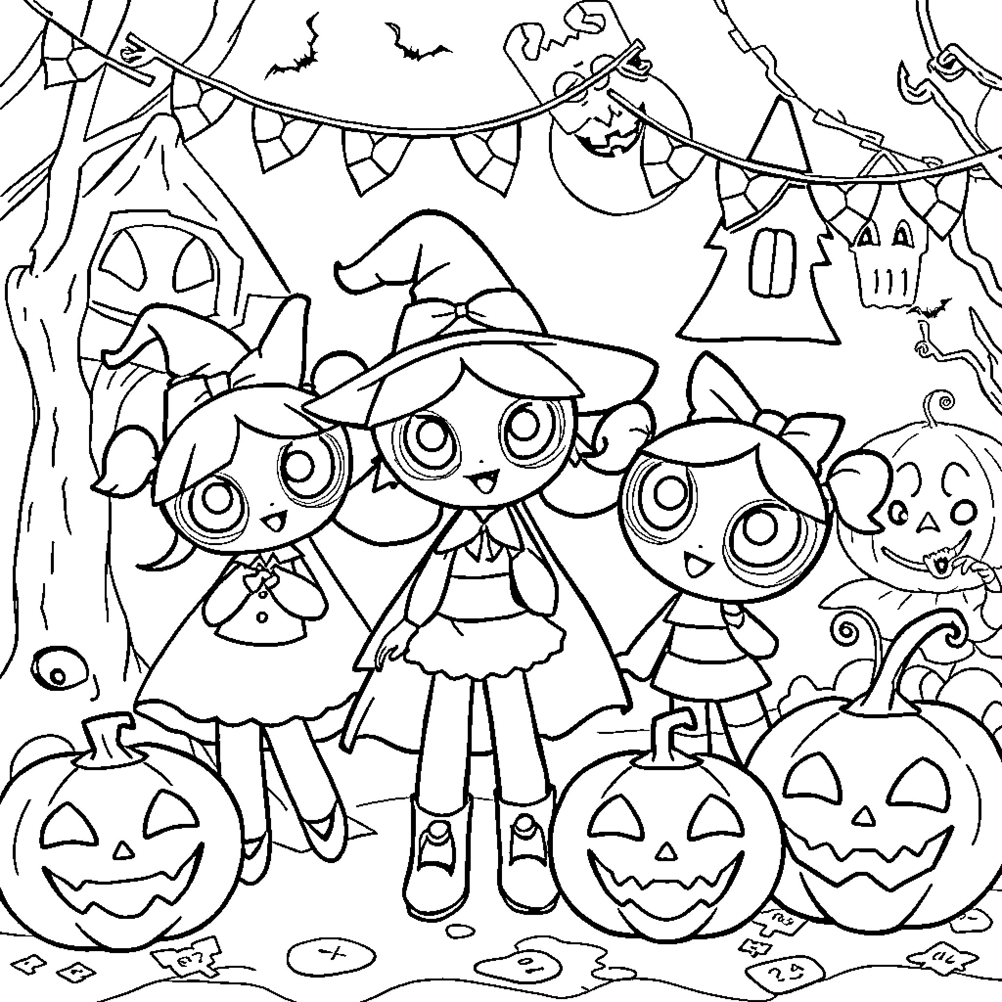 Powerpuff Girls Celebrate Halloween Coloring Page (free black-and-white line drawing printable PDF for all, from beginners to advanced learners, including children, teens, adults, and seniors)