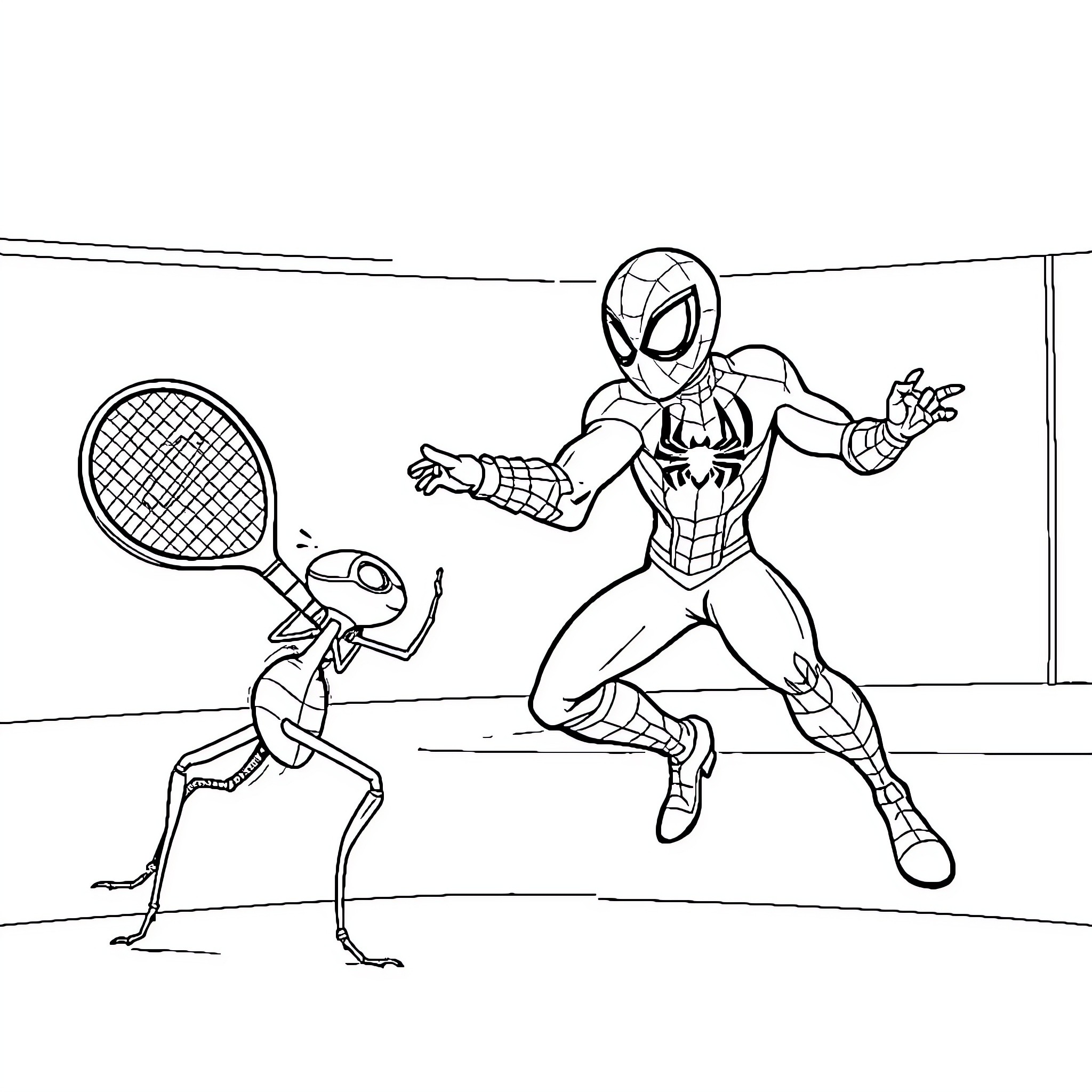 Spider-Man playing tennis with a tiny Spider-Man Coloring Page (free black-and-white line drawing printable PDF for all, from beginners to advanced learners, including children, teens, adults, and seniors)