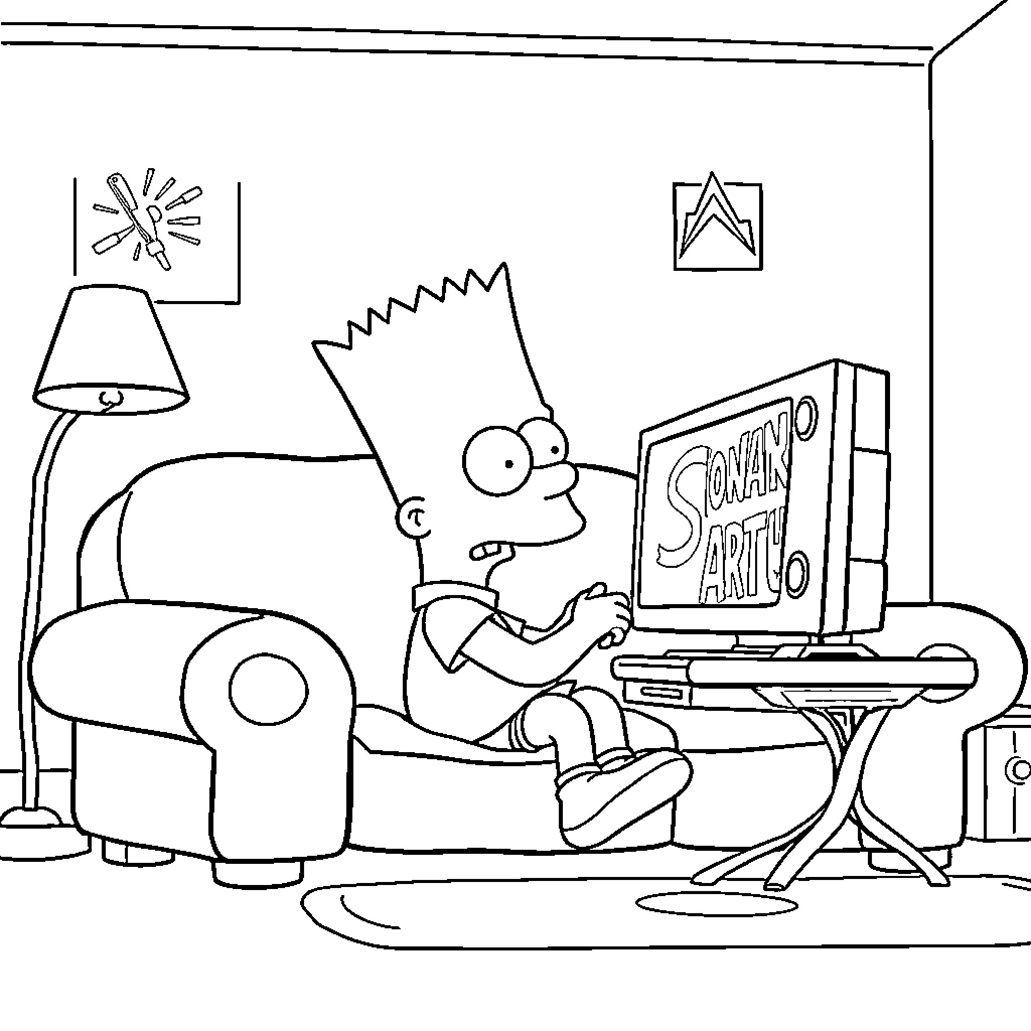 Bart Simpson relaxing and playing video games Coloring Page (free black-and-white line drawing printable PDF for all, from beginners to advanced learners, including children, teens, adults, and seniors)