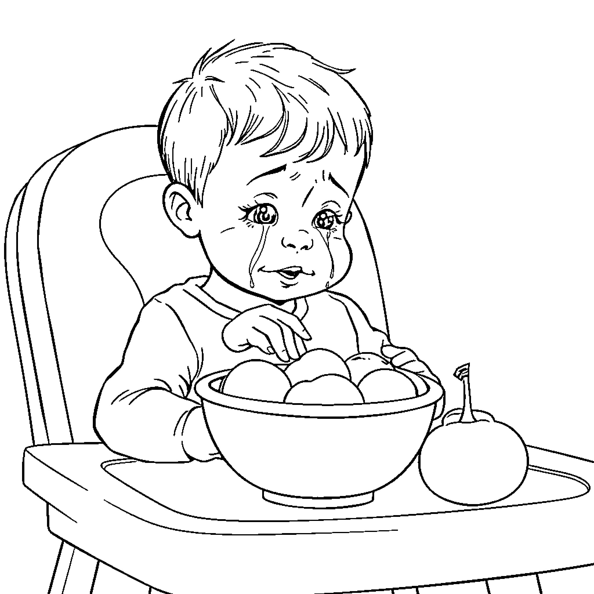 Toddler enjoying a bowl of apples Coloring Page (free black-and-white line drawing printable PDF for all, from beginners to advanced learners, including children, teens, adults, and seniors)