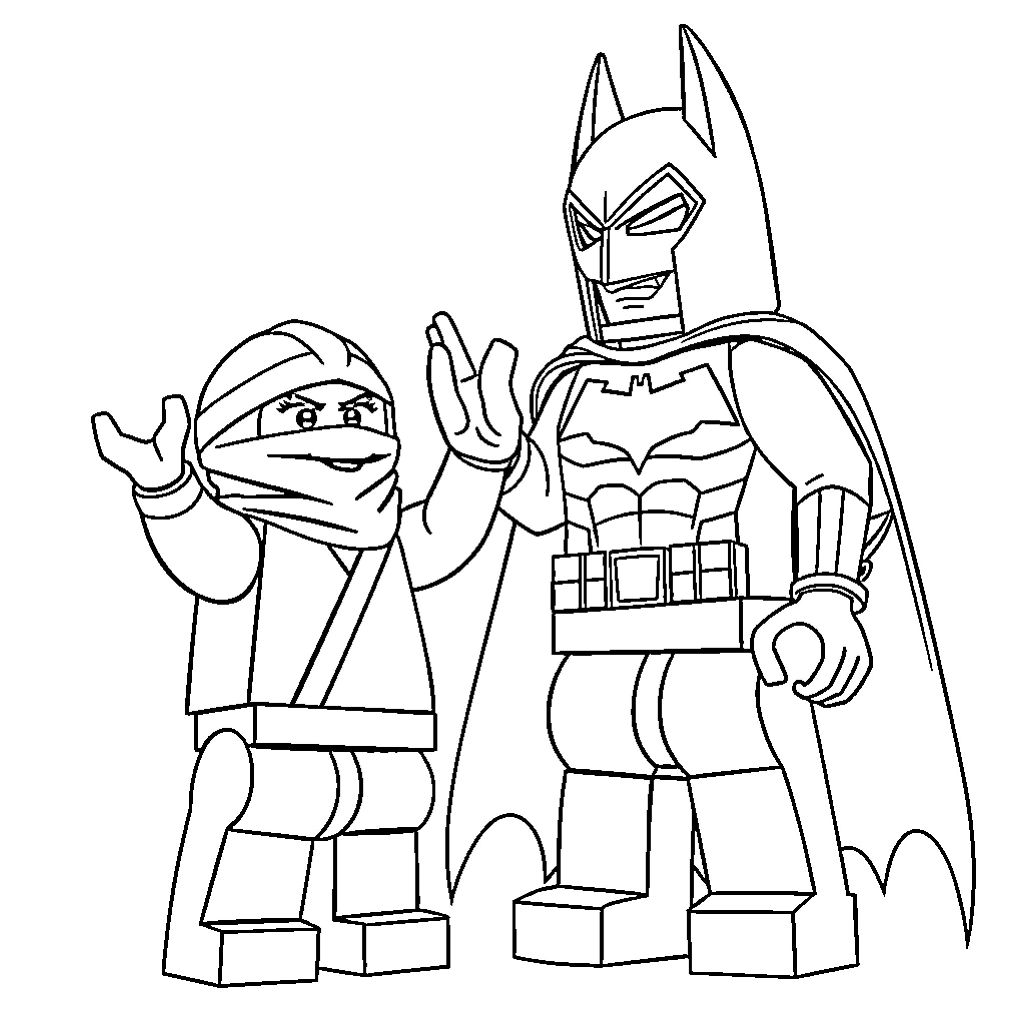 Ninja Batman and Ninja Sidekick in Action Coloring Page (free black-and-white line drawing printable PDF for all, from beginners to advanced learners, including children, teens, adults, and seniors)