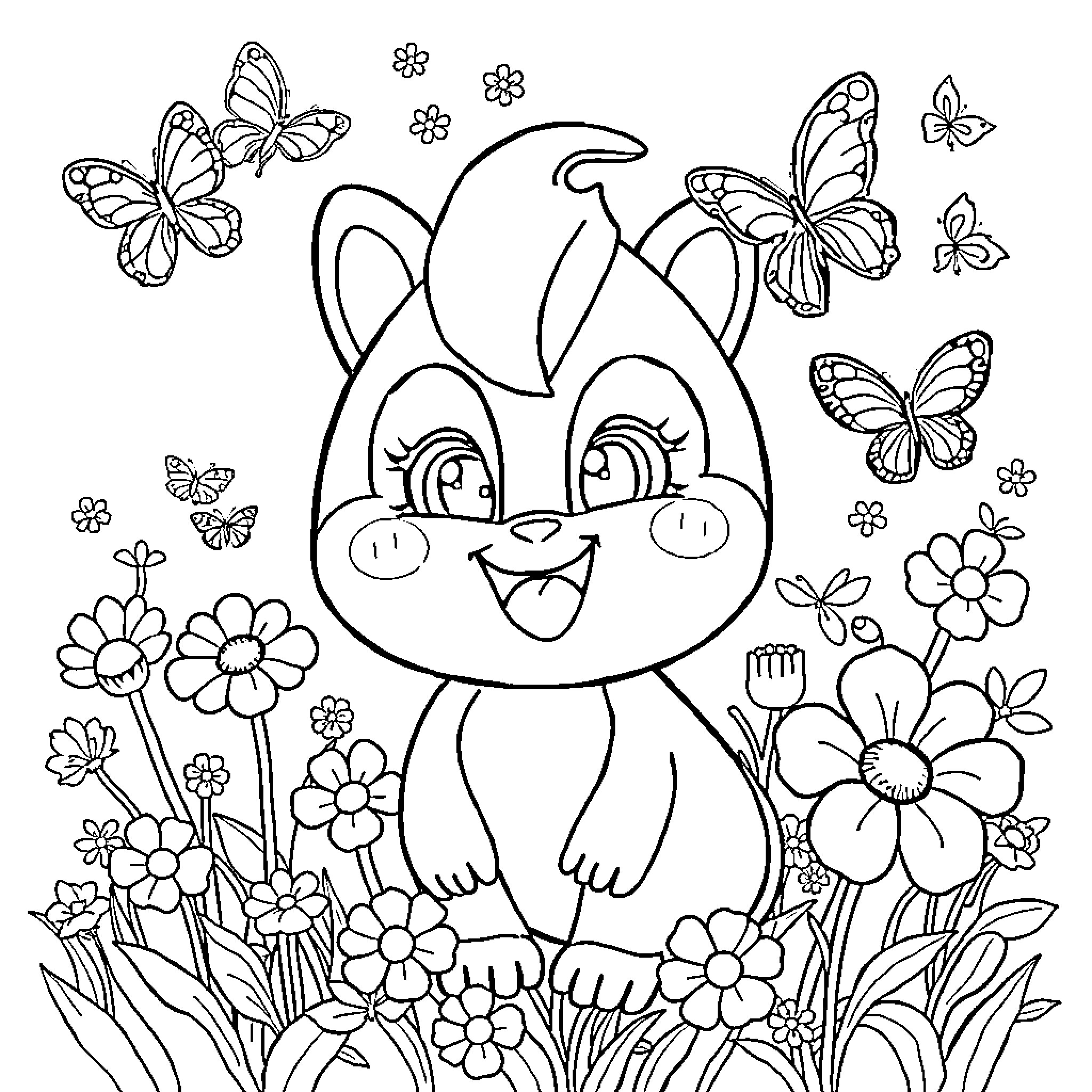 Sprunki's Flower Garden Adventure Coloring Page (free black-and-white line drawing printable PDF for all, from beginners to advanced learners, including children, teens, adults, and seniors)