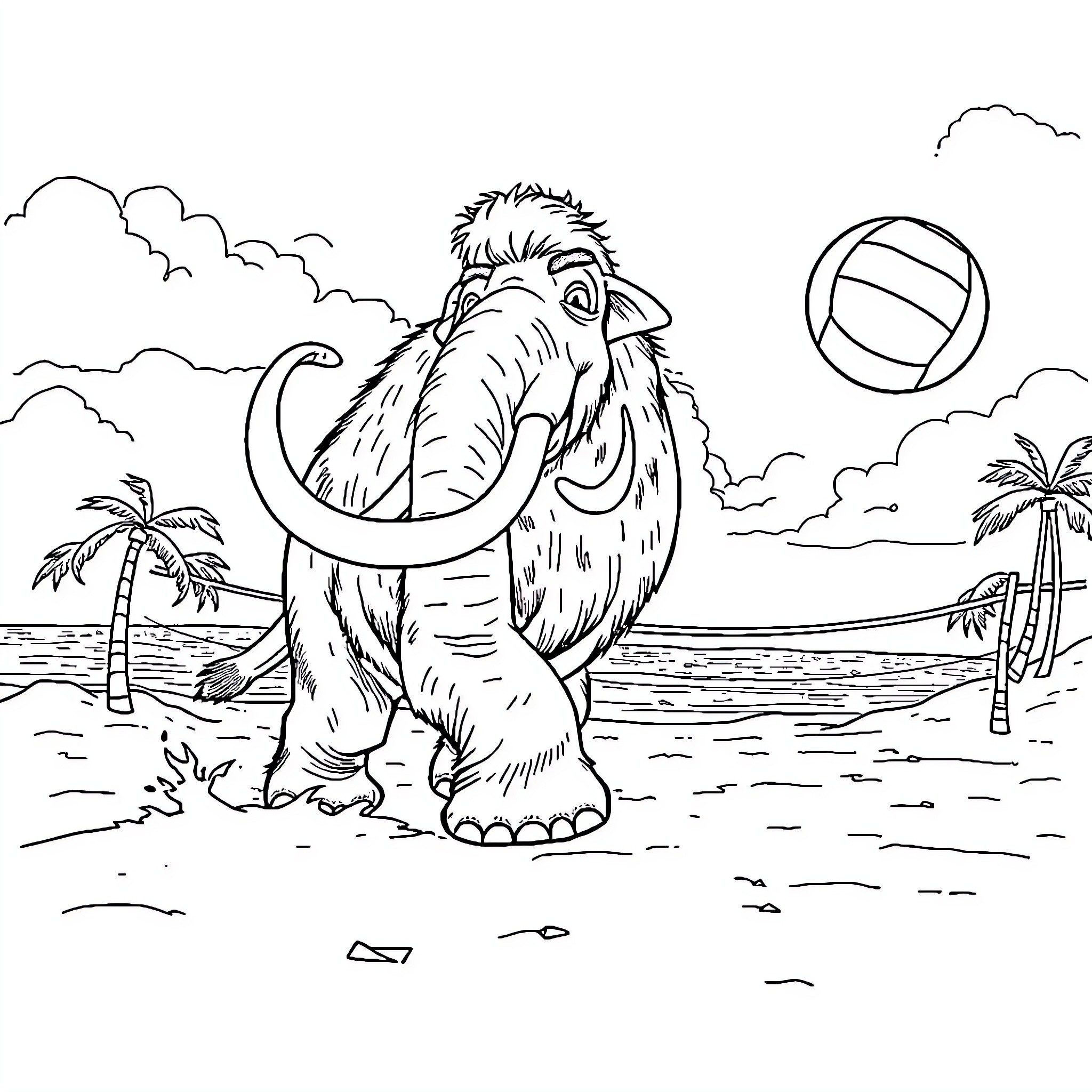 Mammoth playing with beach ball on tropical shore Coloring Page (free black-and-white line drawing printable PDF for all, from beginners to advanced learners, including children, teens, adults, and seniors)