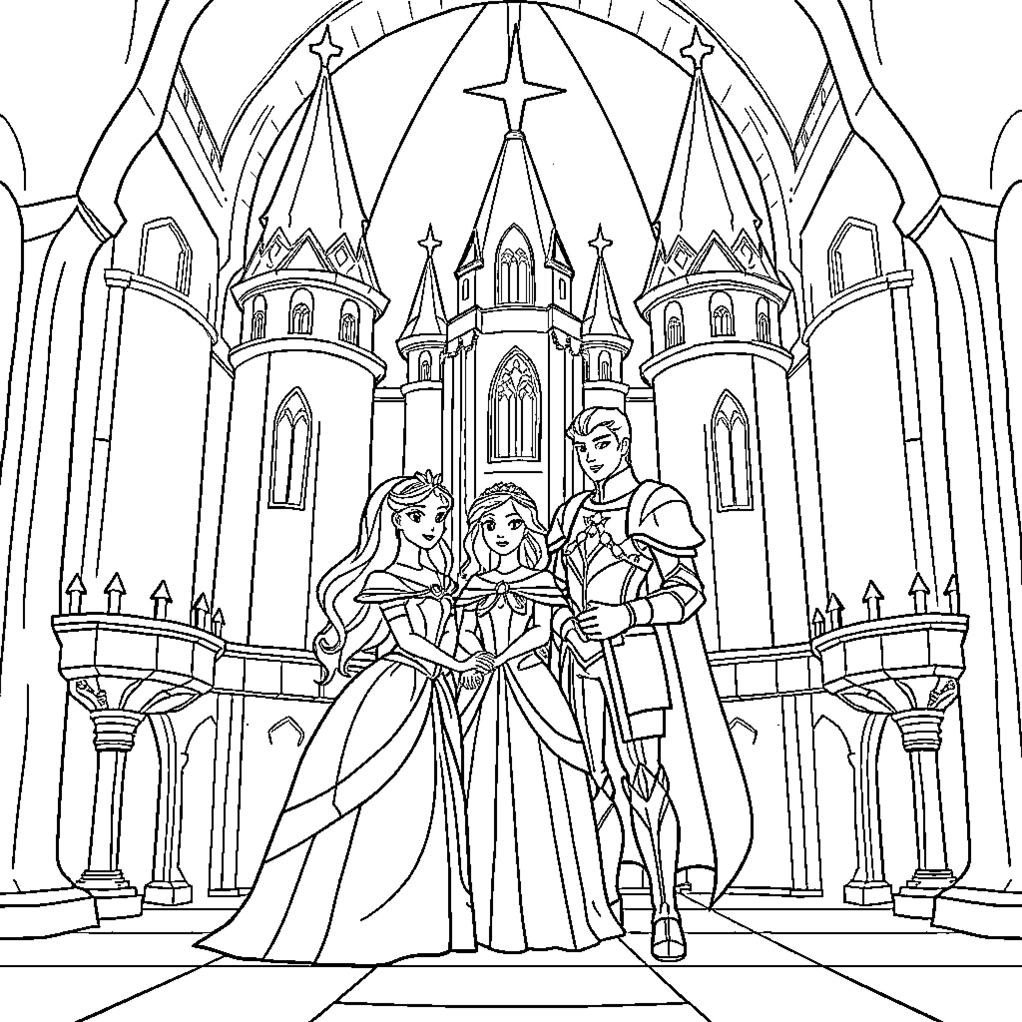 Princess in a grand castle with her royal family Coloring Page (free black-and-white line drawing printable PDF for all, from beginners to advanced learners, including children, teens, adults, and seniors)