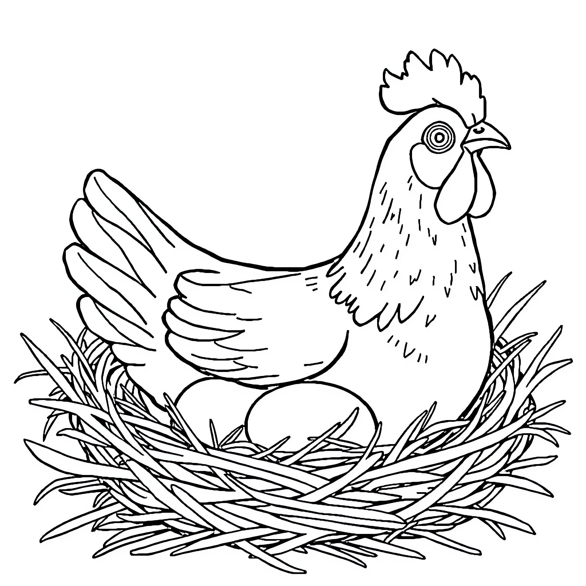 Chicken in a nest with eggs Coloring Page (free black-and-white line drawing printable PDF for all, from beginners to advanced learners, including children, teens, adults, and seniors)