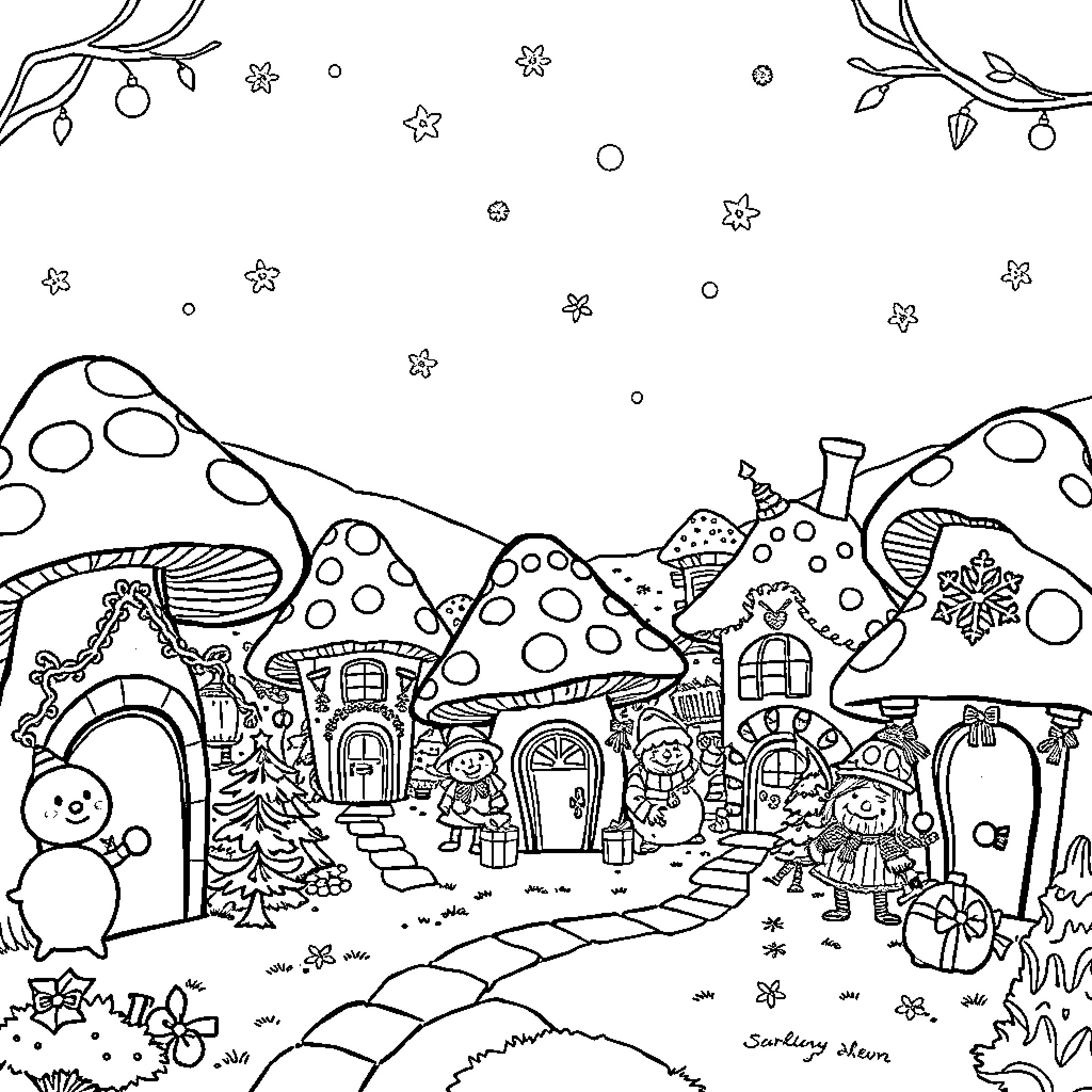 Mushroom People in a Whimsical Winter Wonderland Coloring Page (free black-and-white line drawing printable PDF for all, from beginners to advanced learners, including children, teens, adults, and seniors)