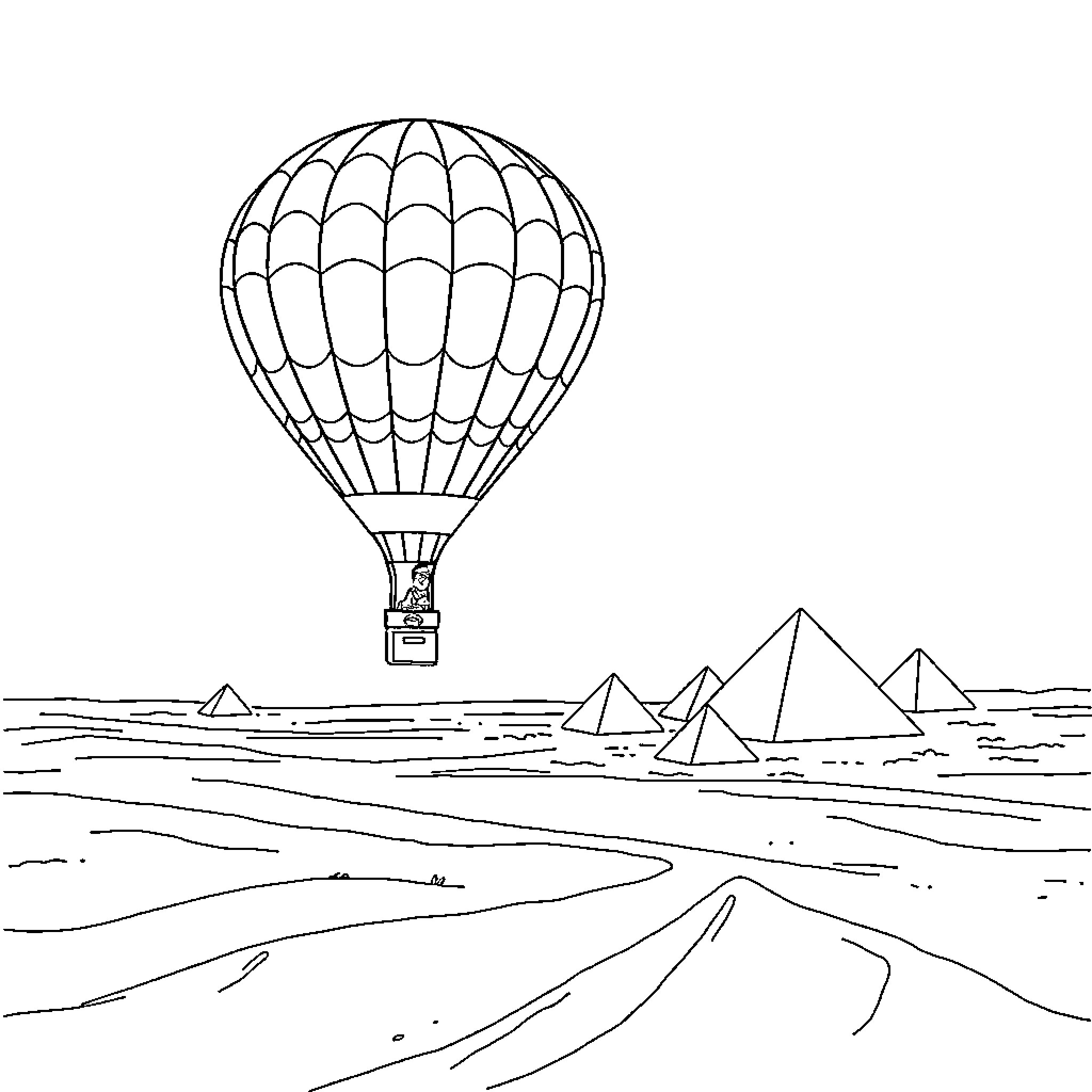 Pilot flying hot air balloon over Egyptian landscape Coloring Page (free black-and-white line drawing printable PDF for all, from beginners to advanced learners, including children, teens, adults, and seniors)