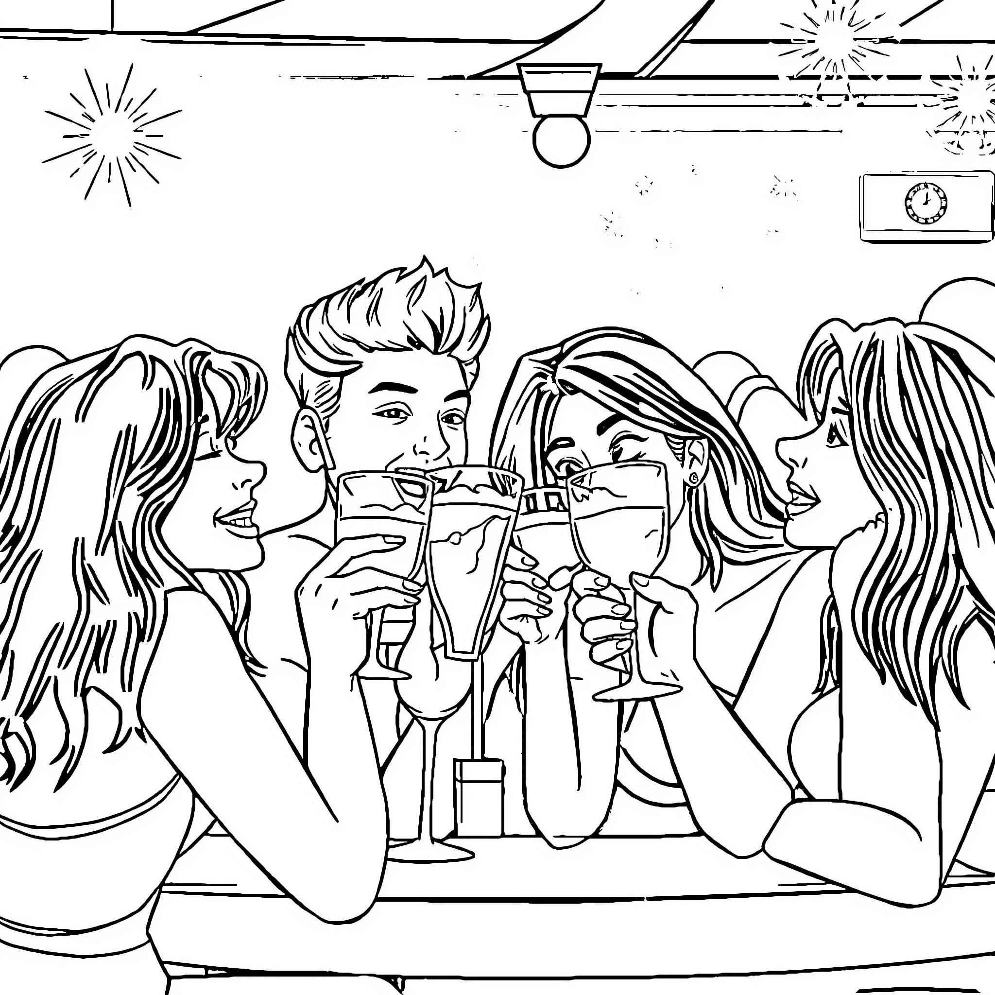 Drink and chat together at a party Coloring Page (free black-and-white line drawing printable PDF for all, from beginners to advanced learners, including children, teens, adults, and seniors)