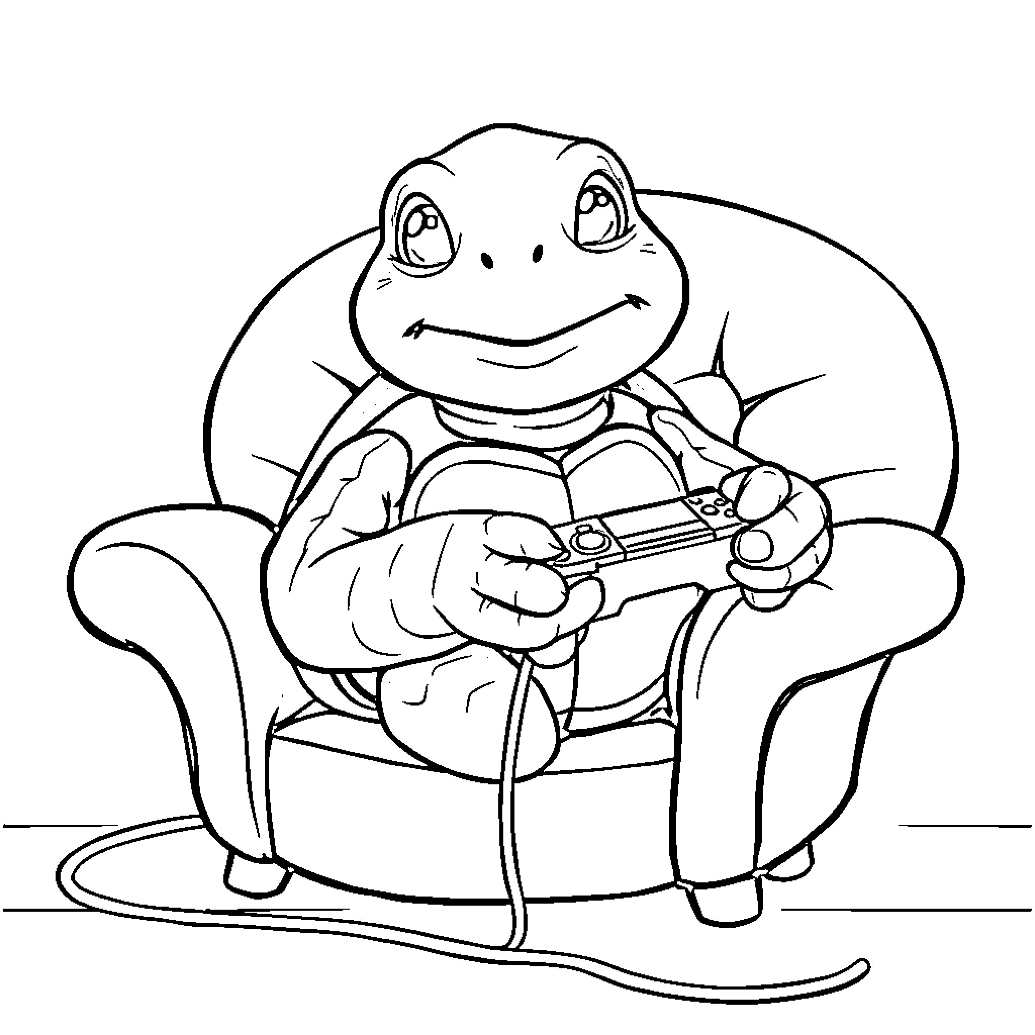 Turtle enjoying video game on armchair Coloring Page (free black-and-white line drawing printable PDF for all, from beginners to advanced learners, including children, teens, adults, and seniors)