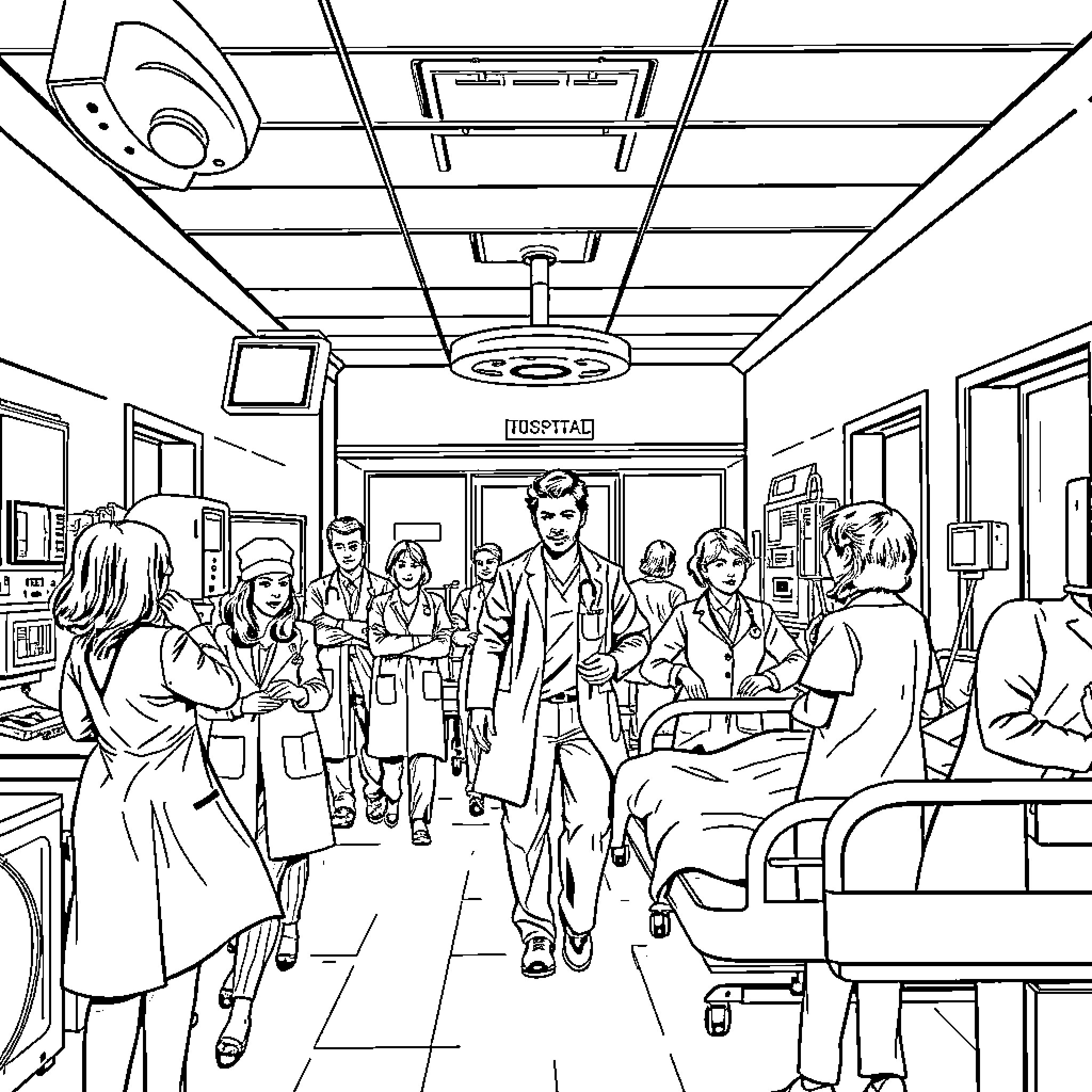 Hospital Hallway Scene with Medical Personnel Coloring Page (free black-and-white line drawing printable PDF for all, from beginners to advanced learners, including children, teens, adults, and seniors)