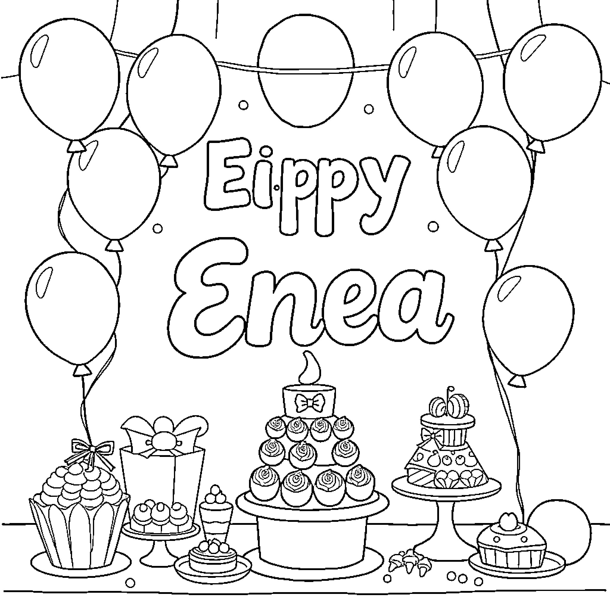 Baby Shower with Festive Balloons and Cakes Coloring Page (free black-and-white line drawing printable PDF for all, from beginners to advanced learners, including children, teens, adults, and seniors)
