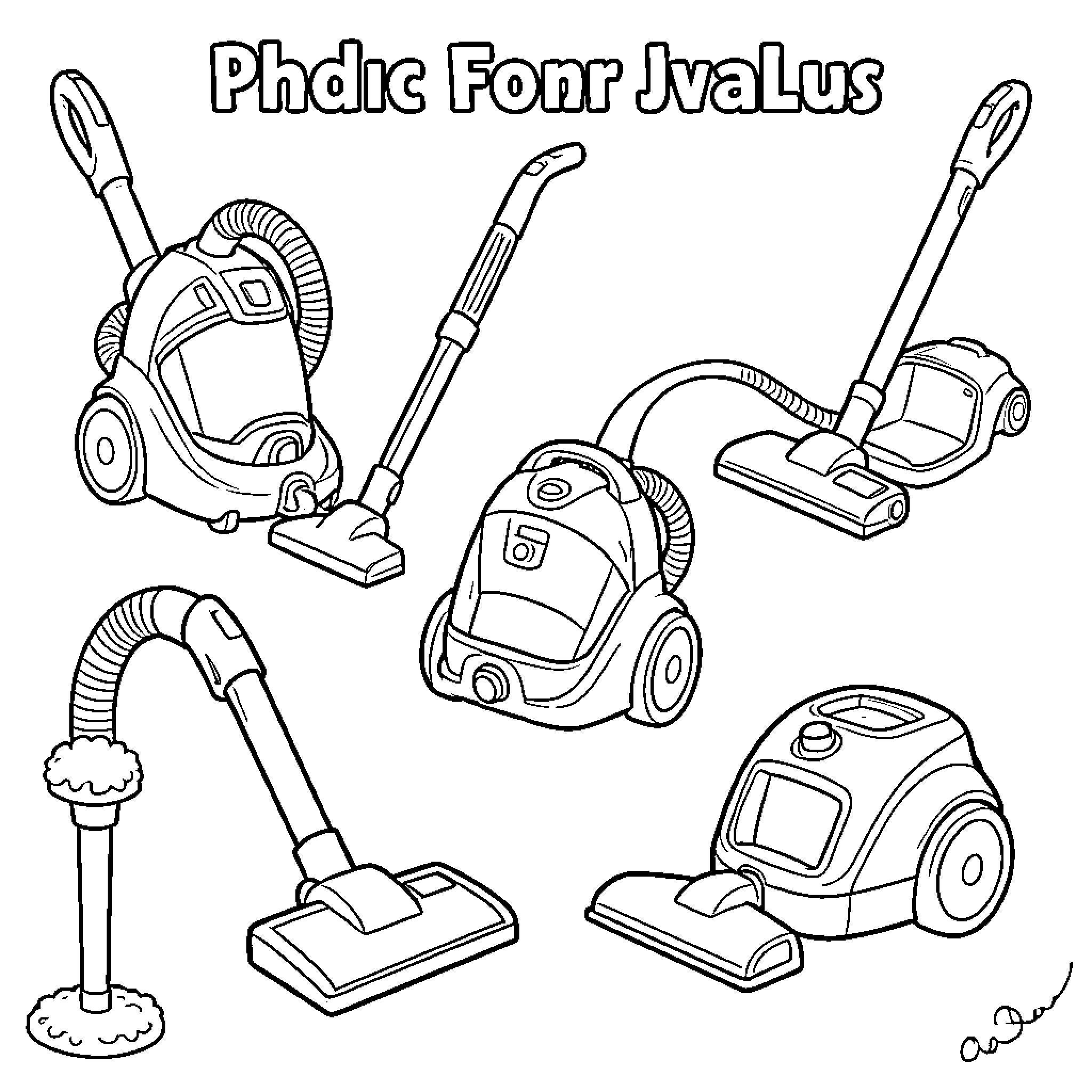 Vacuum Cleaner models in various shapes and sizes Coloring Page (free black-and-white line drawing printable PDF for all, from beginners to advanced learners, including children, teens, adults, and seniors)