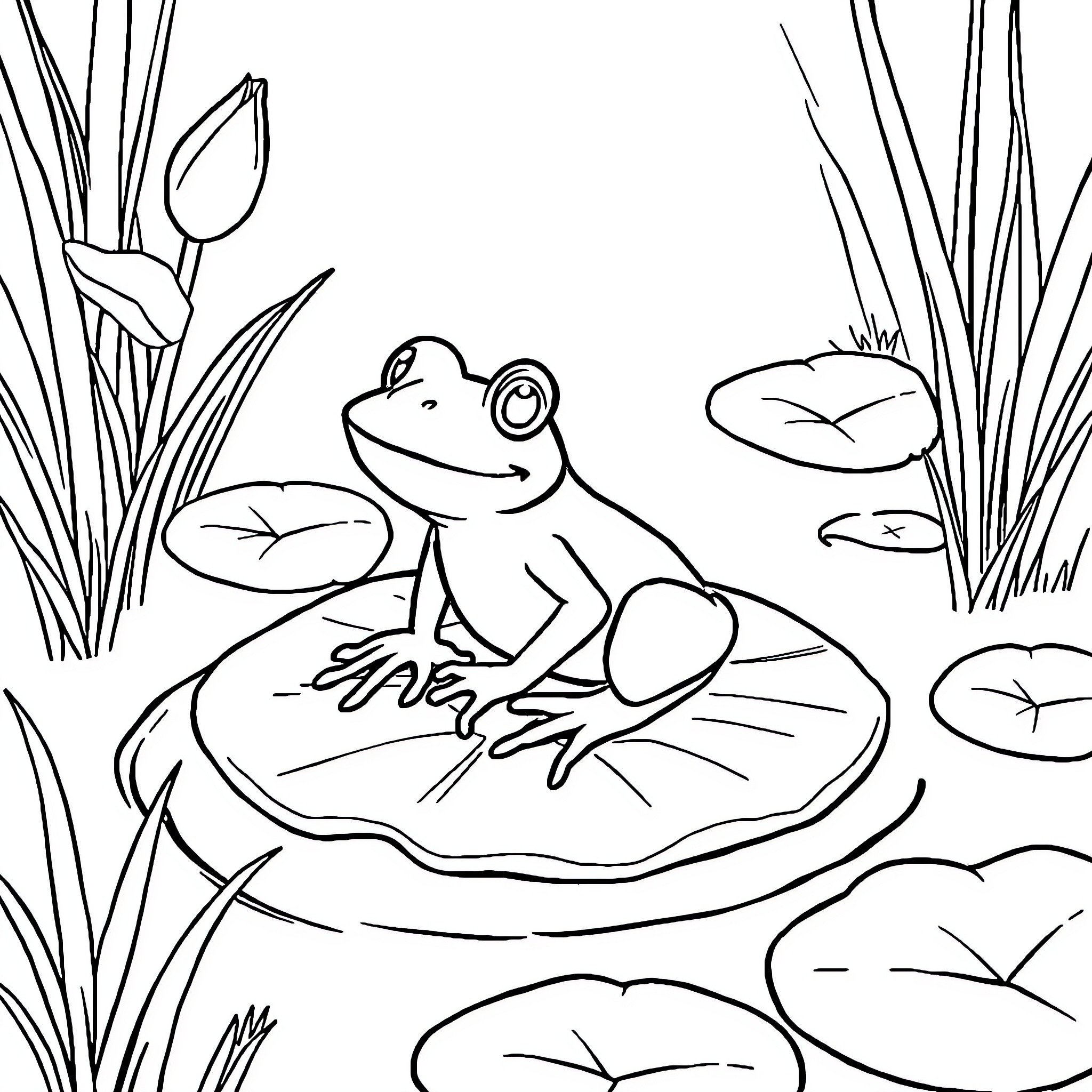 Frog resting on lily pad in pond Coloring Page (free black-and-white line drawing printable PDF for all, from beginners to advanced learners, including children, teens, adults, and seniors)