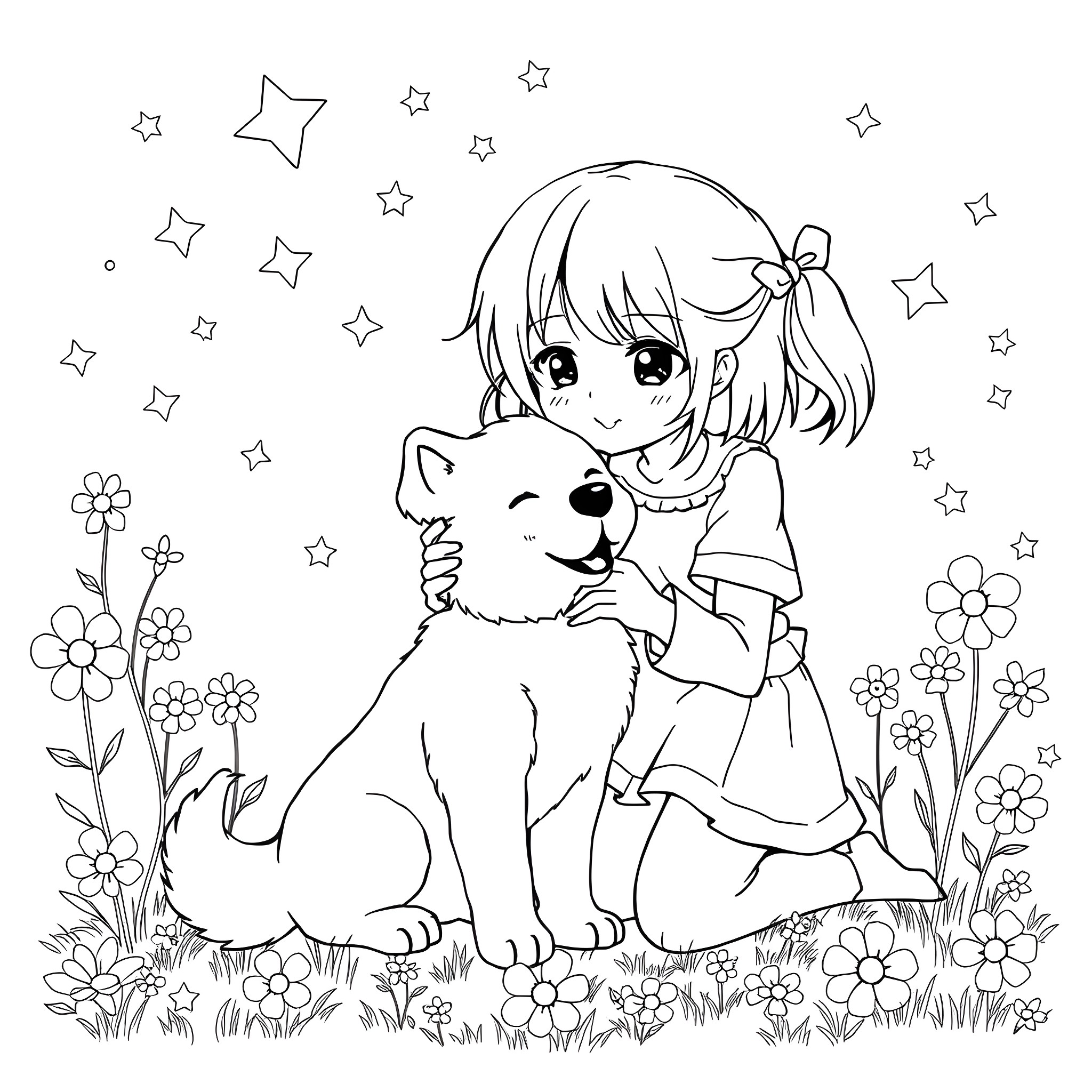 Anime Girl Hugging Cute Dog Surrounded by Flowers and Stars Coloring Page (free black-and-white line drawing printable PDF for all, from beginners to advanced learners, including children, teens, adults, and seniors)