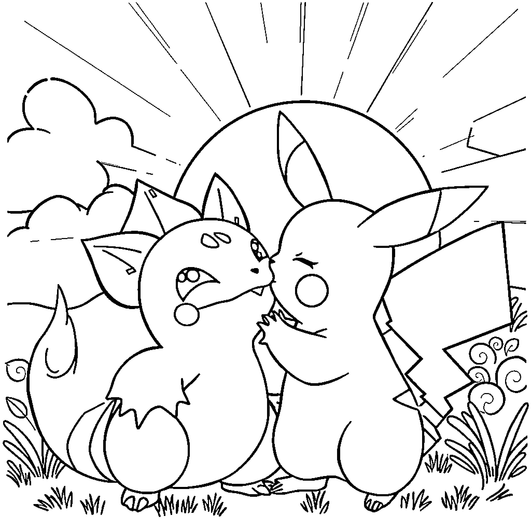 Pikachu playing in the nature with clouds Coloring Page (free black-and-white line drawing printable PDF for all, from beginners to advanced learners, including children, teens, adults, and seniors)