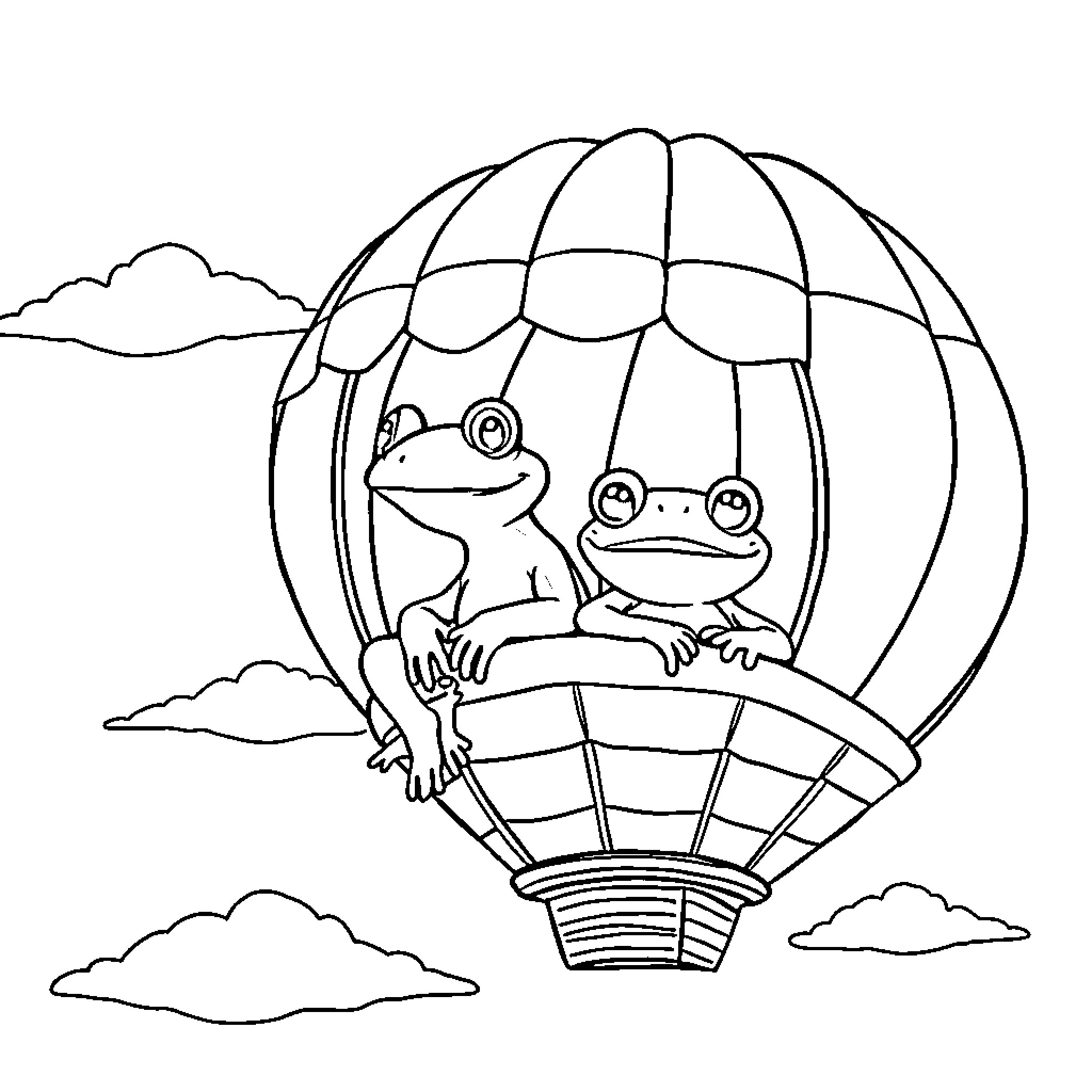 Frogs Riding in a Hot Air Balloon Coloring Page (free black-and-white line drawing printable PDF for all, from beginners to advanced learners, including children, teens, adults, and seniors)
