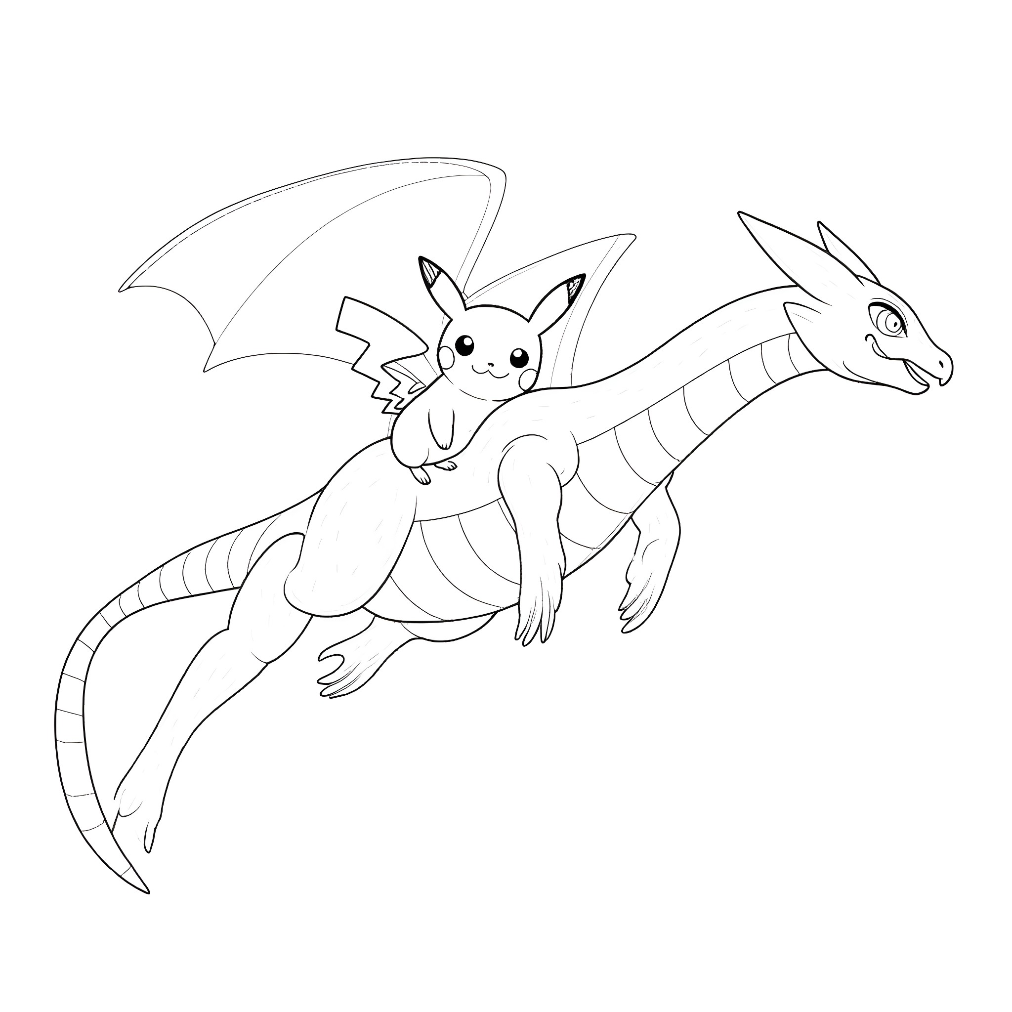 Pikachu riding a dragon Coloring Page (free black-and-white line drawing printable PDF for all, from beginners to advanced learners, including children, teens, adults, and seniors)