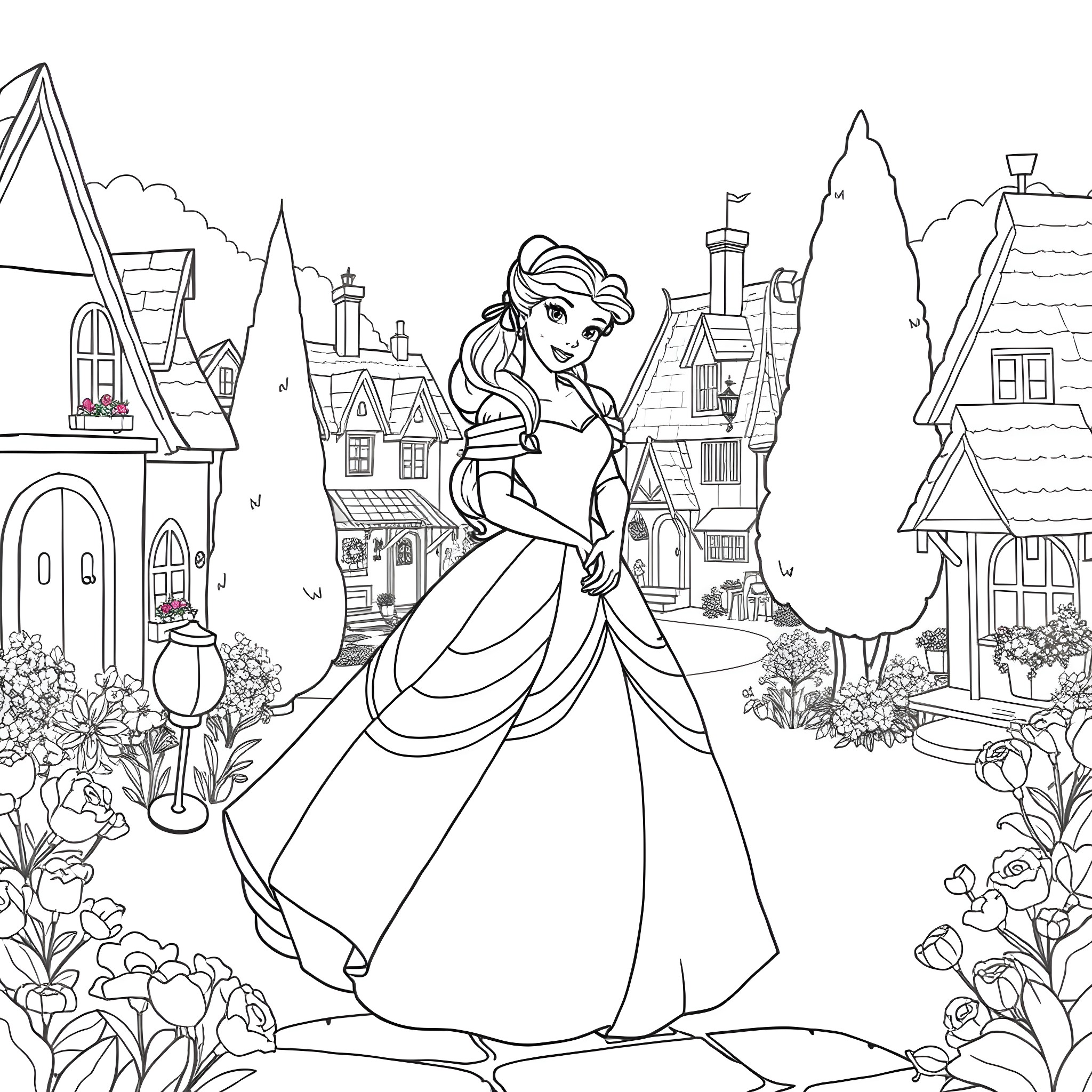 Belle in a Fairytale Landscape Coloring Page (free black-and-white line drawing printable PDF for all, from beginners to advanced learners, including children, teens, adults, and seniors)