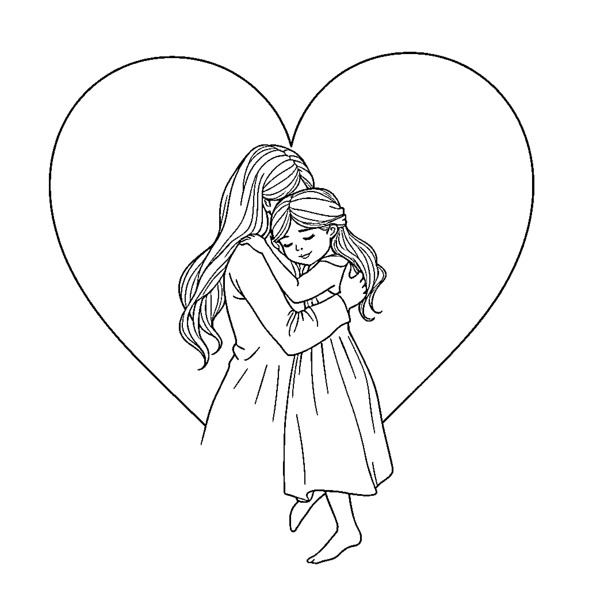 Mom and daughter sharing a tender embrace Coloring Page (free black-and-white line drawing printable PDF for all, from beginners to advanced learners, including children, teens, adults, and seniors)
