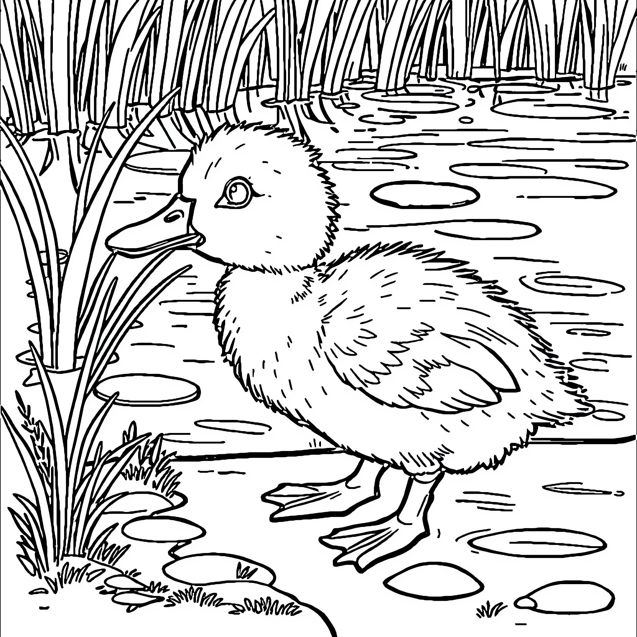 Duck exploring the peaceful pond Coloring Page (free black-and-white line drawing printable PDF for all, from beginners to advanced learners, including children, teens, adults, and seniors)