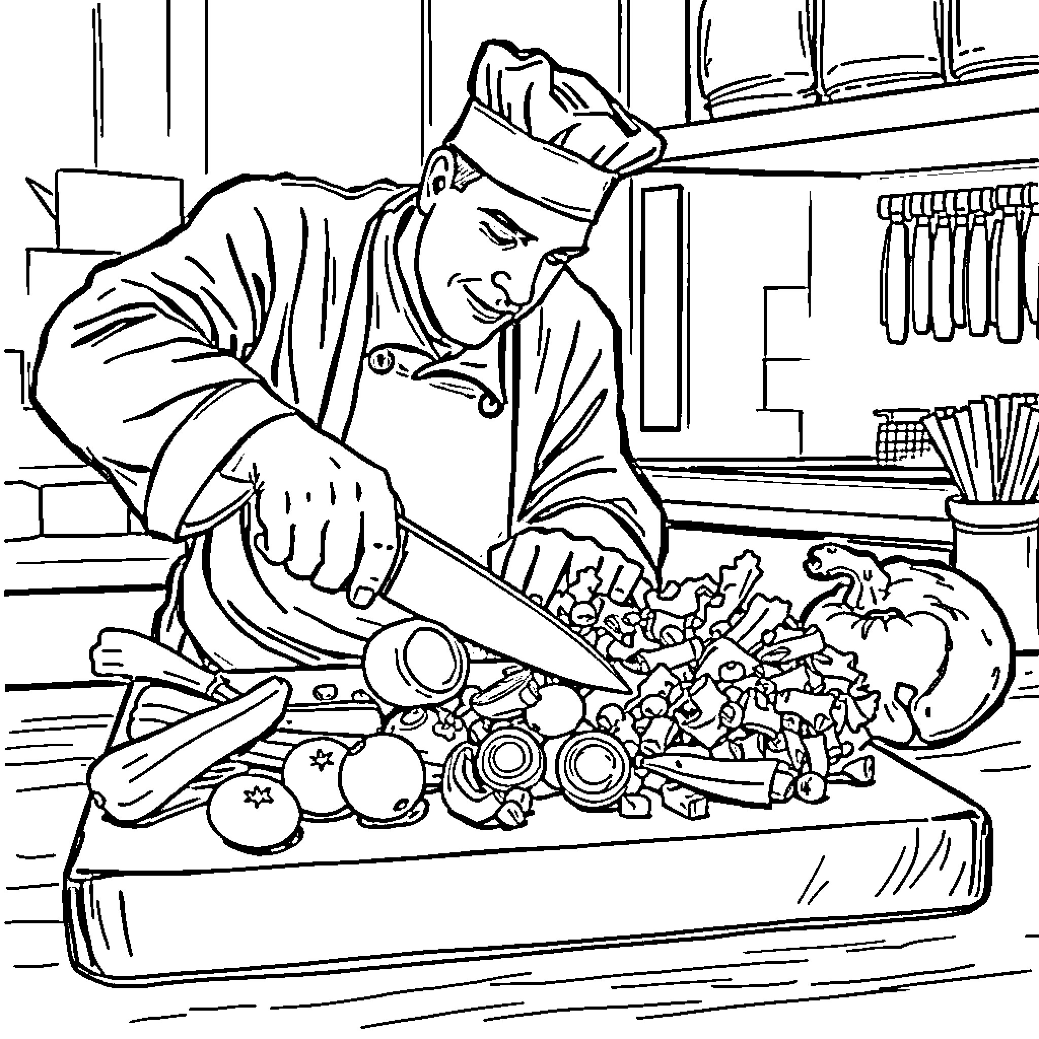 Chef preparing fresh vegetables in the kitchen Coloring Page (free black-and-white line drawing printable PDF for all, from beginners to advanced learners, including children, teens, adults, and seniors)