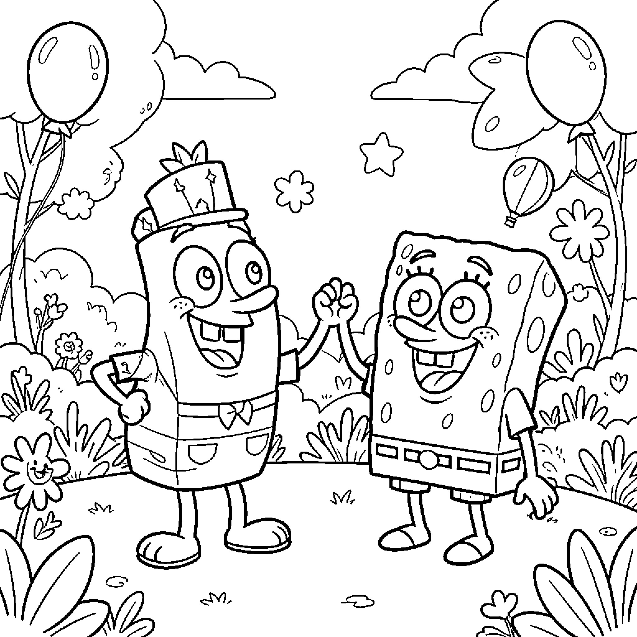 Buzz l'Éclair characters cheering together in a garden Coloring Page (free black-and-white line drawing printable PDF for all, from beginners to advanced learners, including children, teens, adults, and seniors)