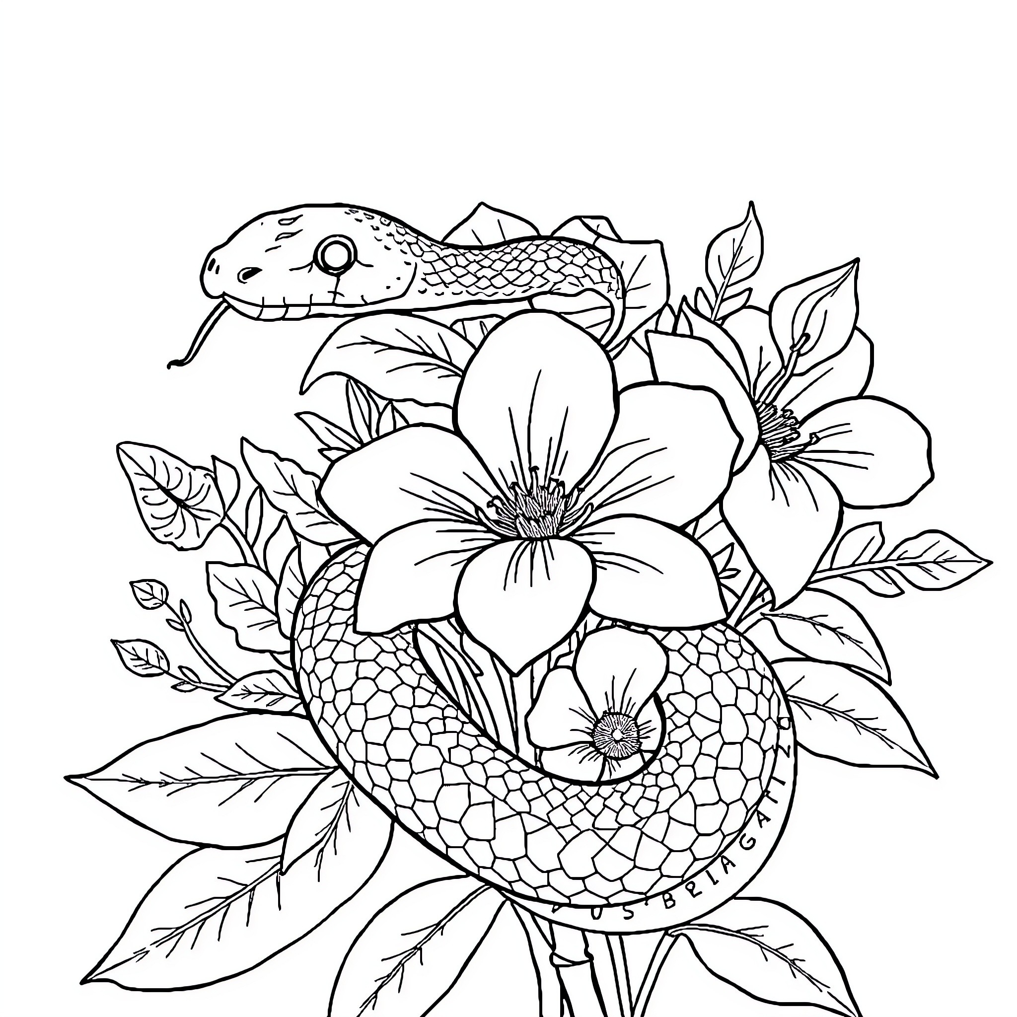 Snake coiling among vibrant flowers Coloring Page (free black-and-white line drawing printable PDF for all, from beginners to advanced learners, including children, teens, adults, and seniors)
